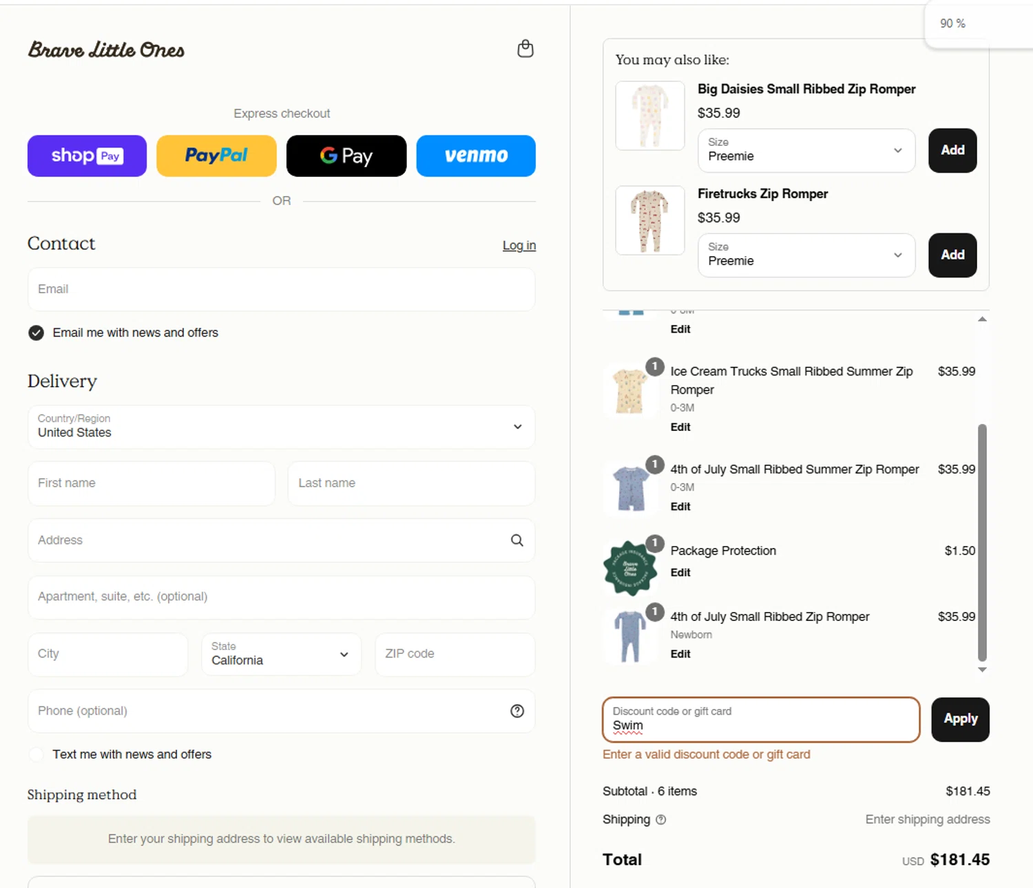Brave Little Ones discount code screenshot showing code Swim applied at Brave Little Ones checkout page. Uploaded by SimplyCodes community member gilbertrondon on May 18, 2025
