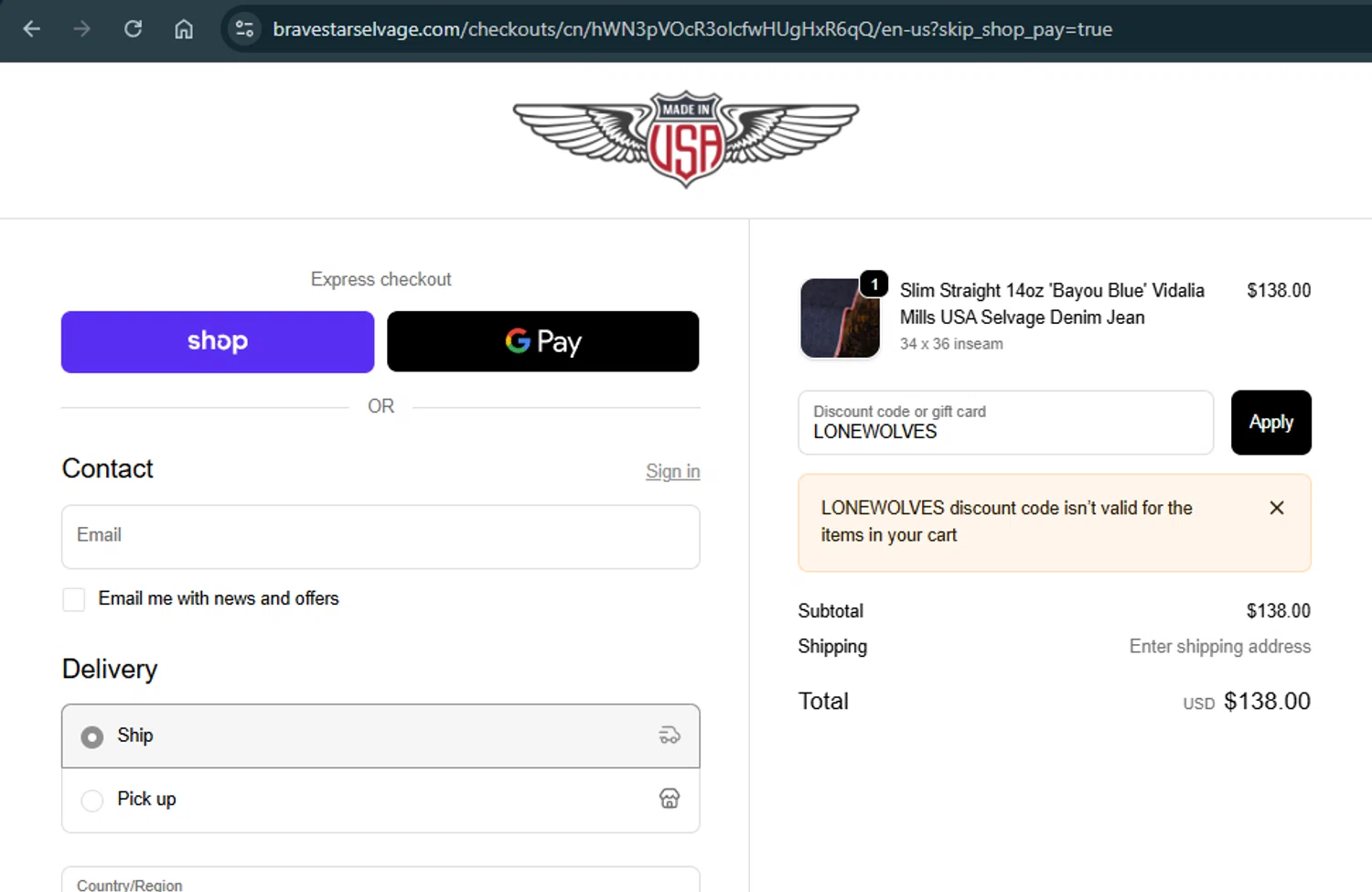 Brave Star Selvage discount code screenshot showing code LONEWOLVES applied at Brave Star Selvage checkout page. Uploaded by SimplyCodes community member xAngel on Oct 7, 2025