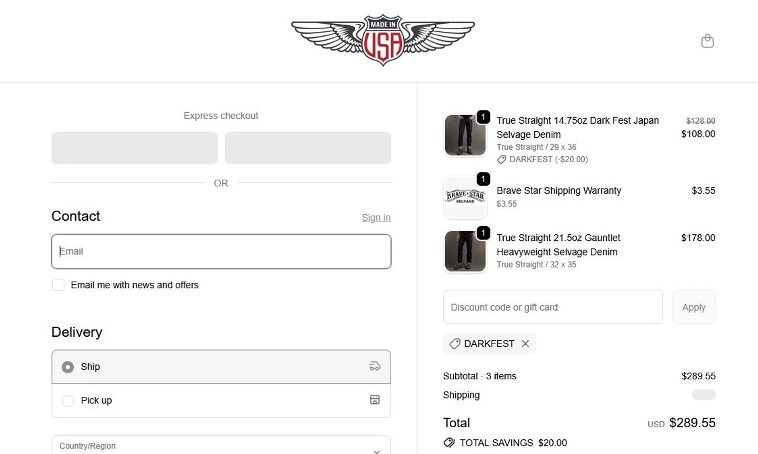 Brave Star Selvage discount code screenshot showing code DARKFEST applied at Brave Star Selvage checkout page. Uploaded by SimplyCodes community member stygian1 on Dec 5, 2025
