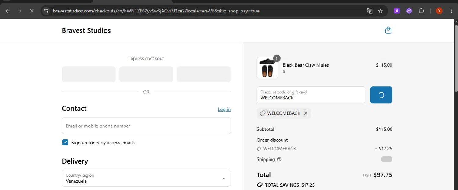 Bravest Studios promo code screenshot showing code WELCOMEBACK applied at Bravest Studios checkout page. Uploaded by SimplyCodes community member CrownTiger7501 on Aug 8, 2025