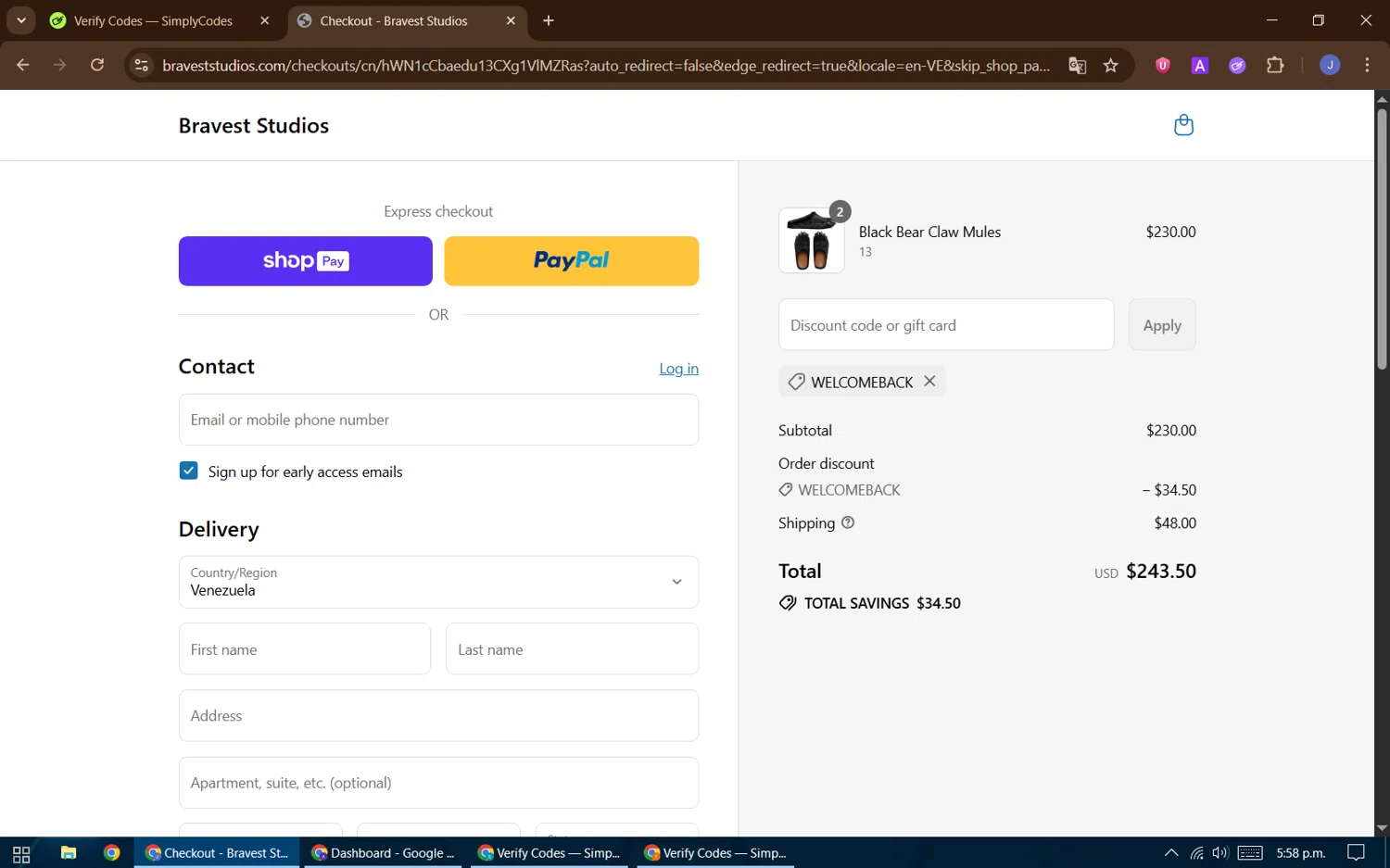 Bravest Studios promo code screenshot showing code WELCOMEBACK applied at Bravest Studios checkout page. Uploaded by SimplyCodes community member DealFinder1711 on Aug 9, 2025