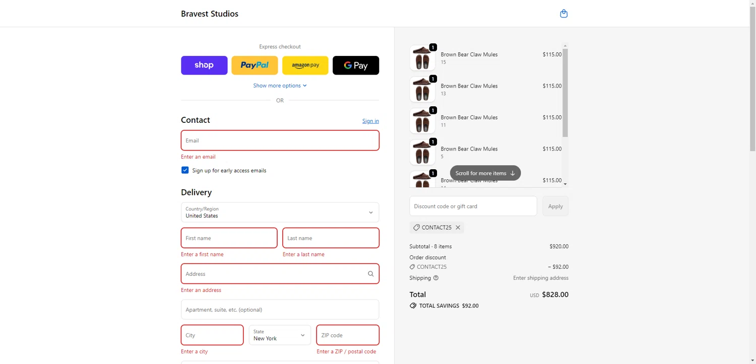 Bravest Studios promo code screenshot showing code CONTACT25 applied at Bravest Studios checkout page. Uploaded by SimplyCodes community member PennyRanger8219 on Oct 11, 2025