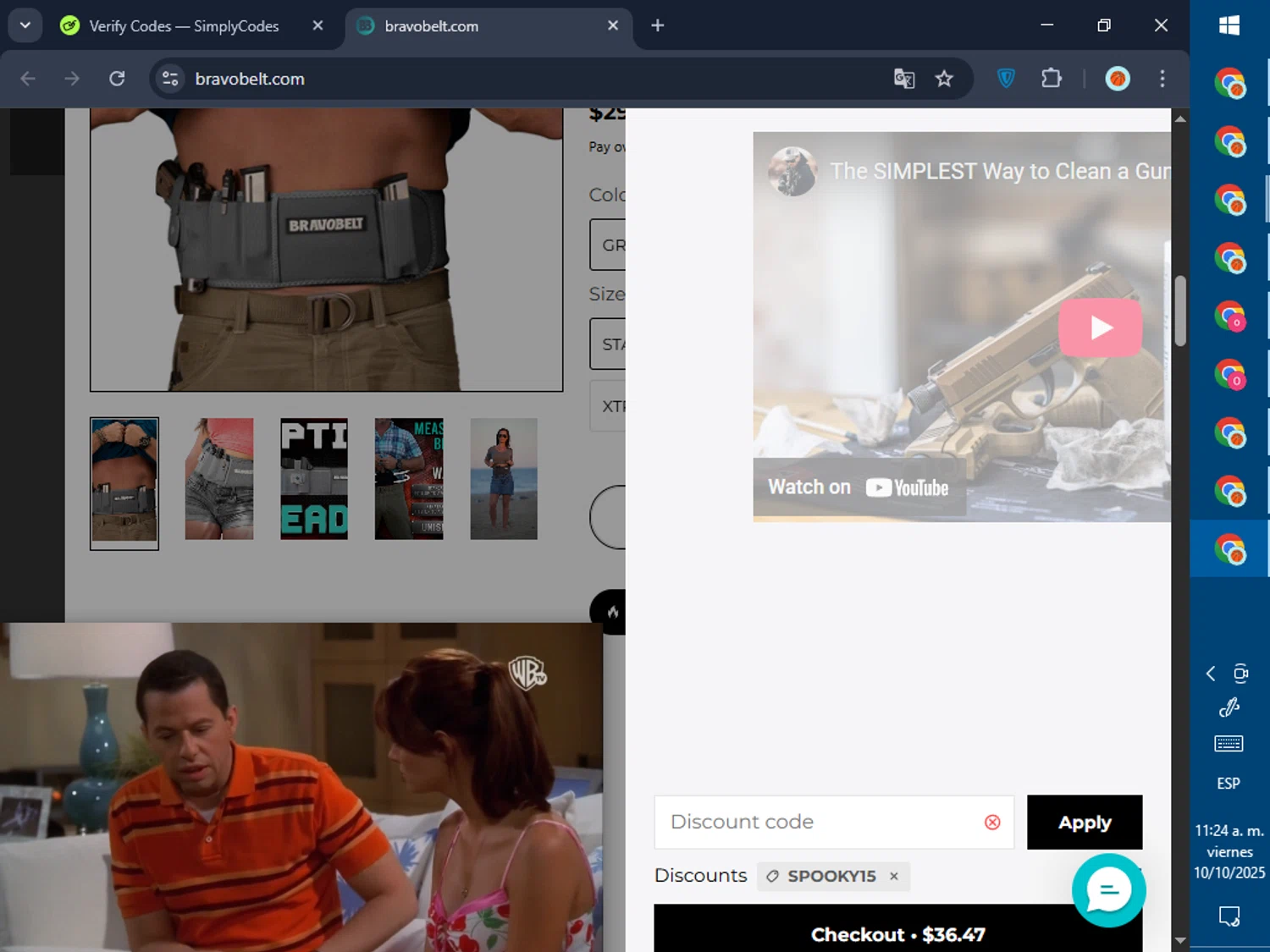 BravoBelt promo code screenshot showing code SPOOKY15 applied at BravoBelt checkout page. Uploaded by SimplyCodes community member GoldPilot5958 on Oct 10, 2025