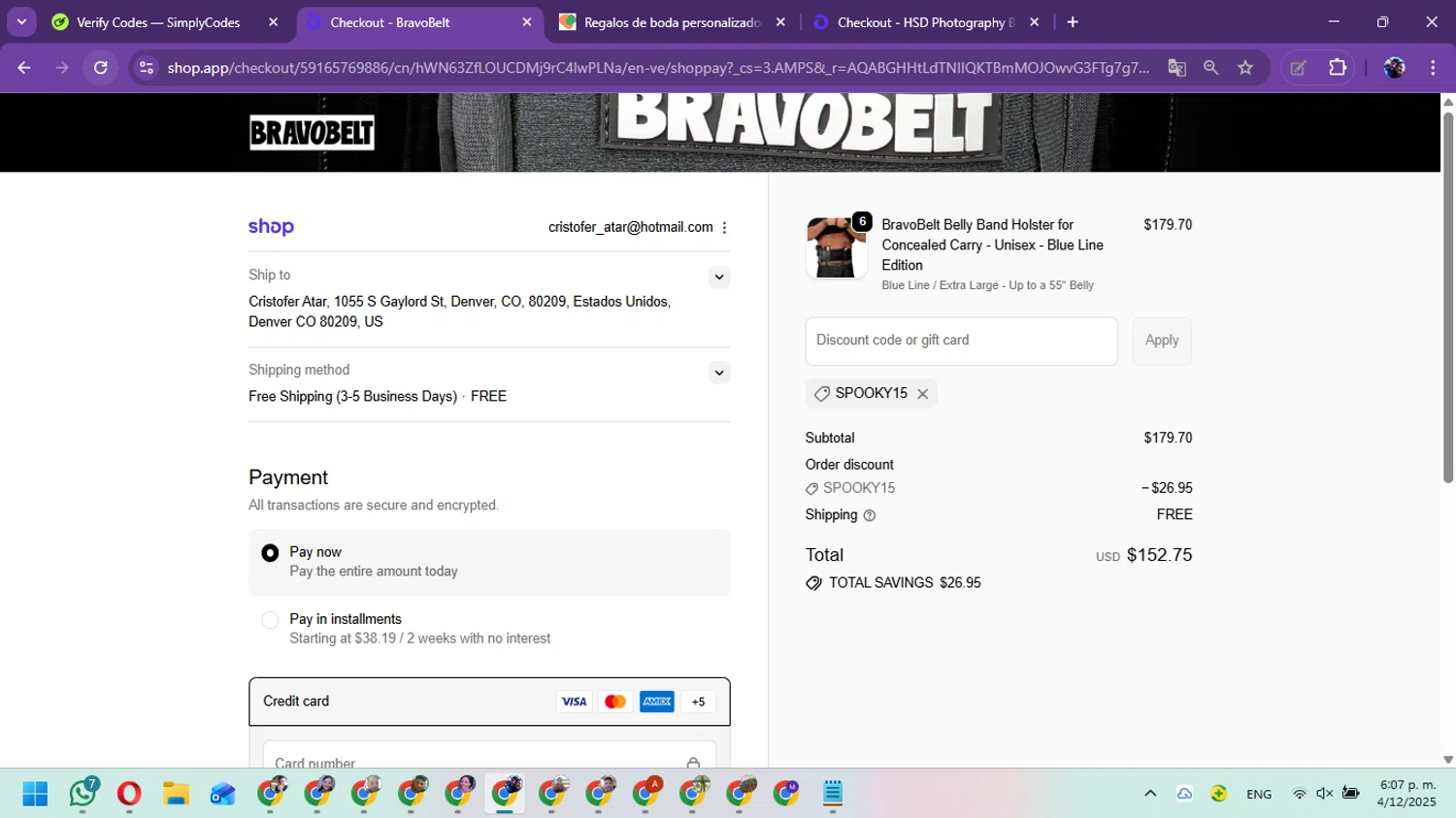 BravoBelt promo code screenshot showing code SPOOKY15 applied at BravoBelt checkout page. Uploaded by SimplyCodes community member Marielis on Dec 4, 2025
