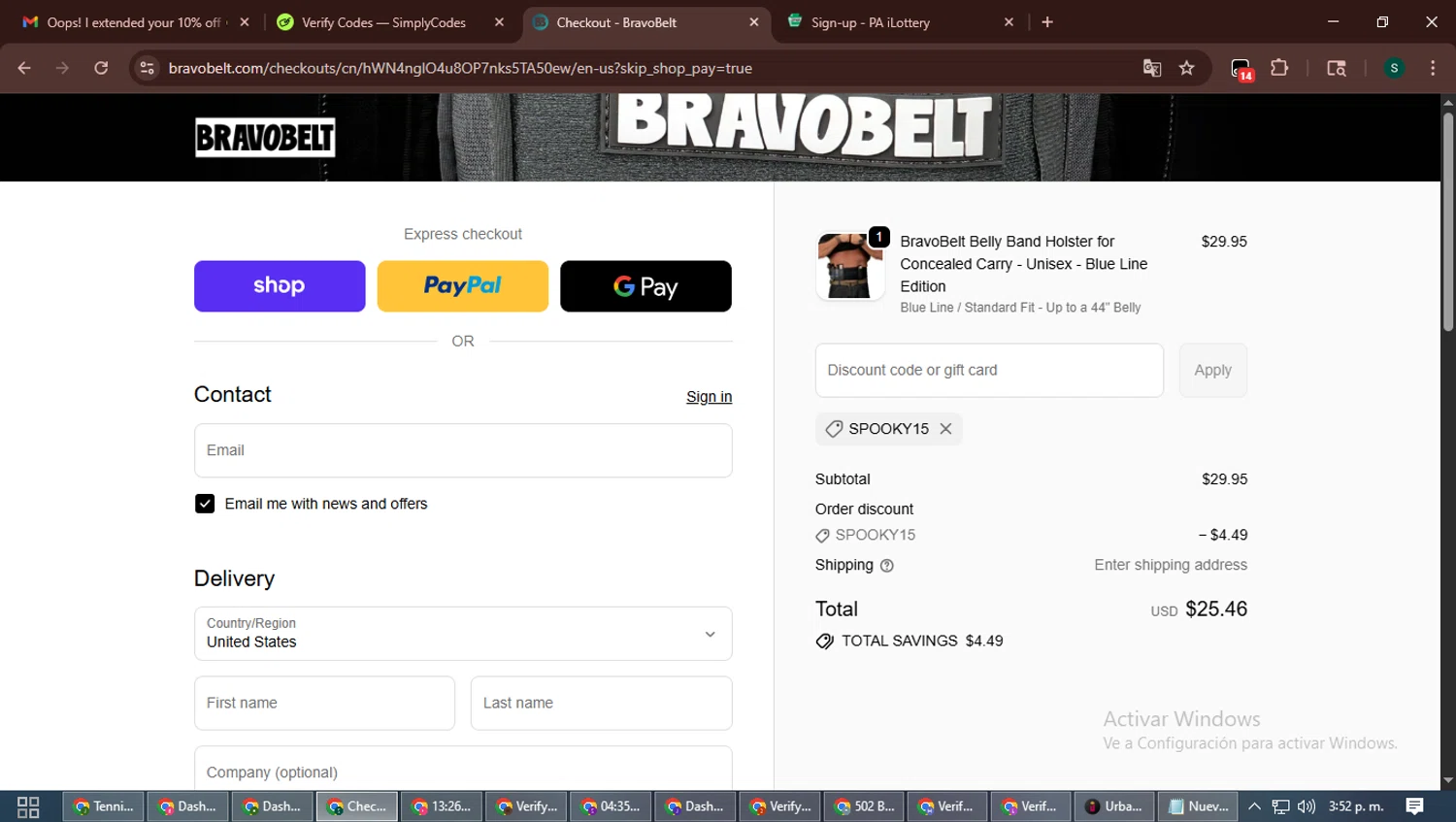 BravoBelt promo code screenshot showing code SPOOKY15 applied at BravoBelt checkout page. Uploaded by SimplyCodes community member ShrewdAce7935 on Nov 1, 2025