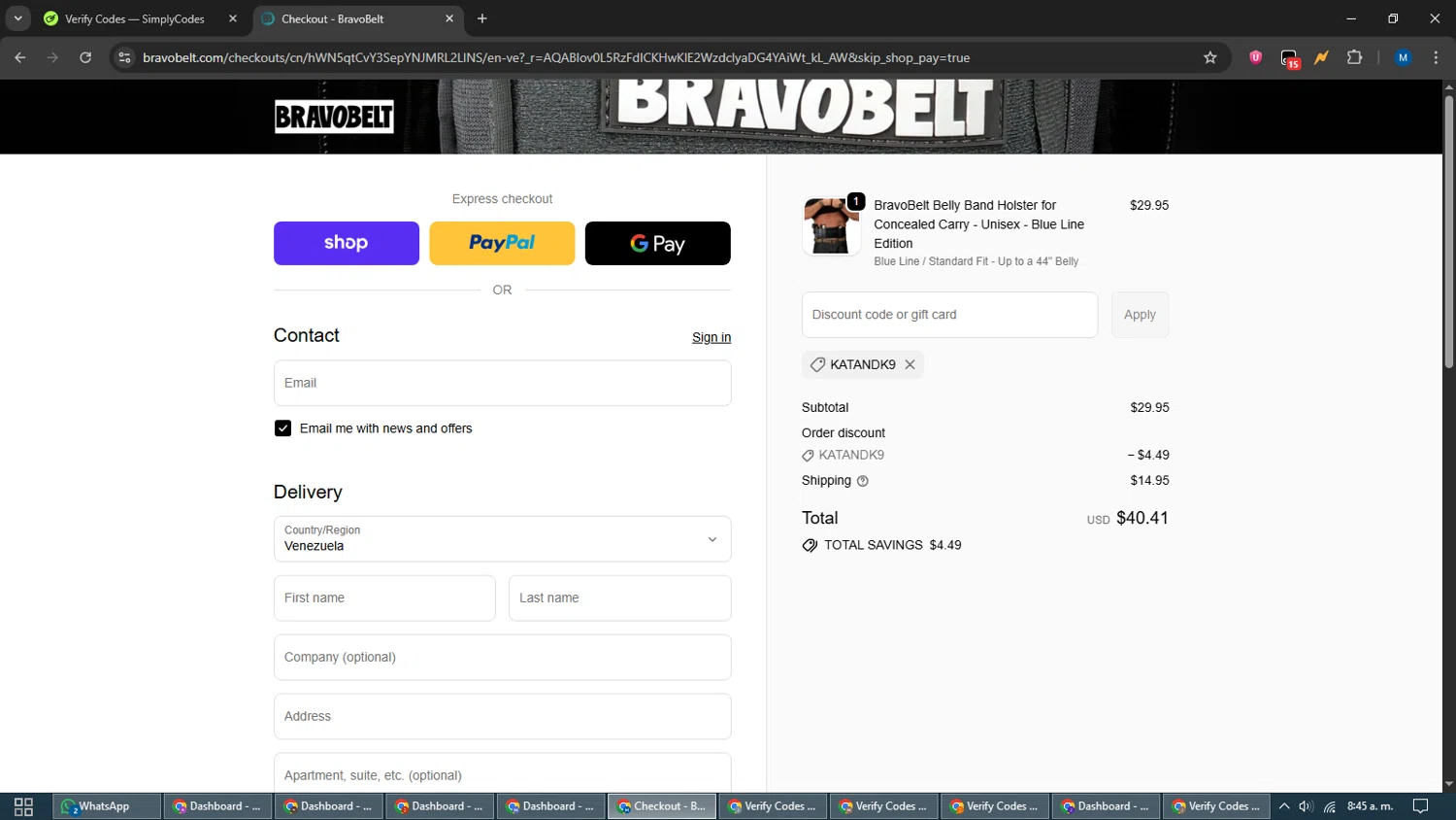 BravoBelt promo code screenshot showing code Katandk9 applied at BravoBelt checkout page. Uploaded by SimplyCodes community member EpicVoyager2820 on Nov 29, 2025
