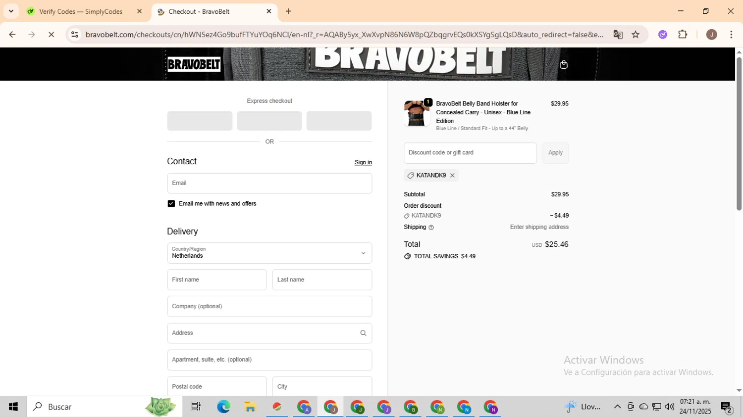 BravoBelt promo code screenshot showing code Katandk9 applied at BravoBelt checkout page. Uploaded by SimplyCodes community member ValiantHero2365 on Nov 24, 2025