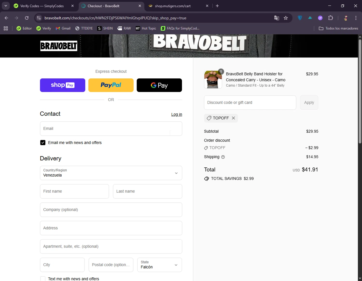 BravoBelt promo code screenshot showing code topoff applied at BravoBelt checkout page. Uploaded by SimplyCodes community member DonGato on Aug 26, 2025