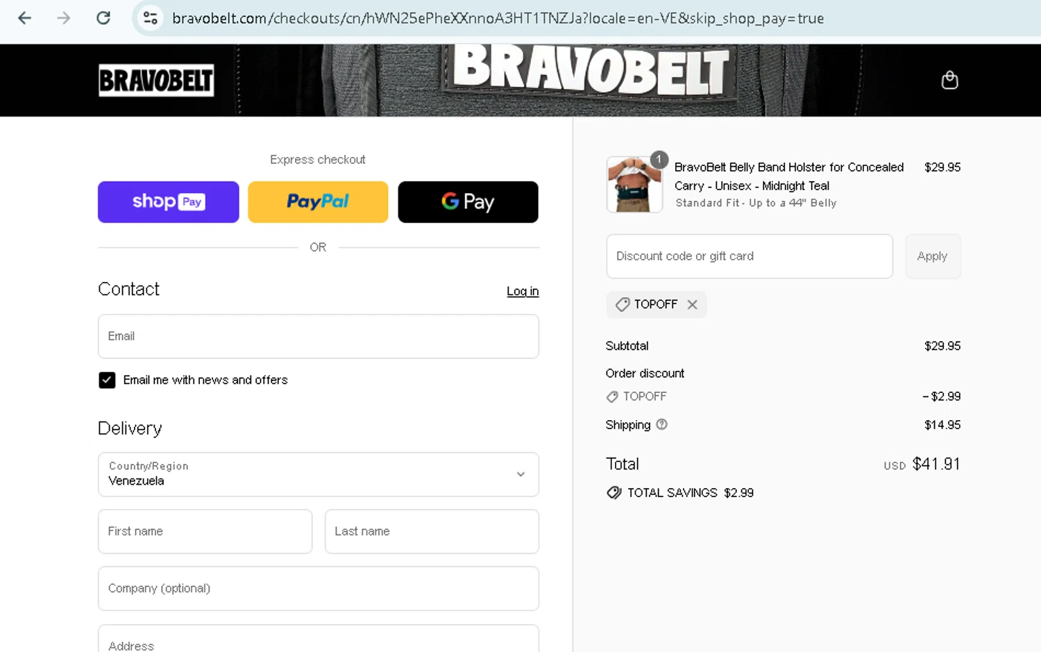 BravoBelt promo code screenshot showing code topoff applied at BravoBelt checkout page. Uploaded by SimplyCodes community member TokenMonarch796 on Aug 22, 2025