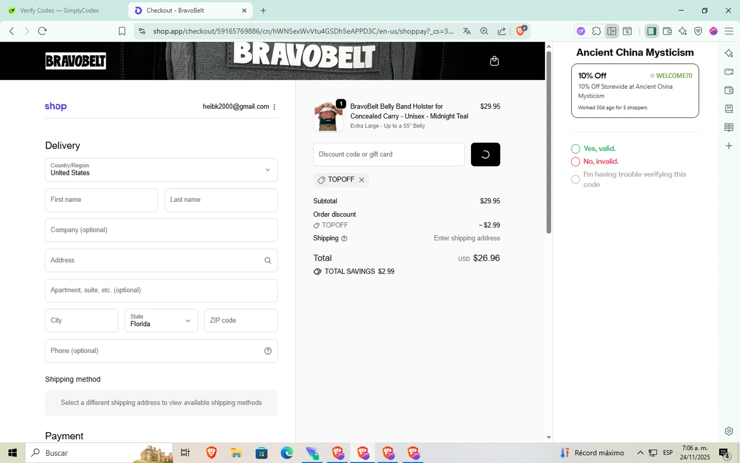 BravoBelt promo code screenshot showing code topoff applied at BravoBelt checkout page. Uploaded by SimplyCodes community member aaaaaaaaaaaaaaa on Nov 24, 2025