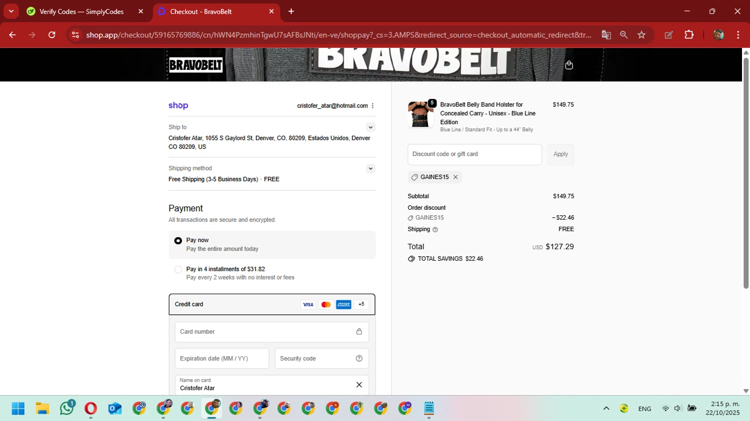 BravoBelt promo code screenshot showing code Gaines15 applied at BravoBelt checkout page. Uploaded by SimplyCodes community member David_Gut_Sonic on Oct 22, 2025