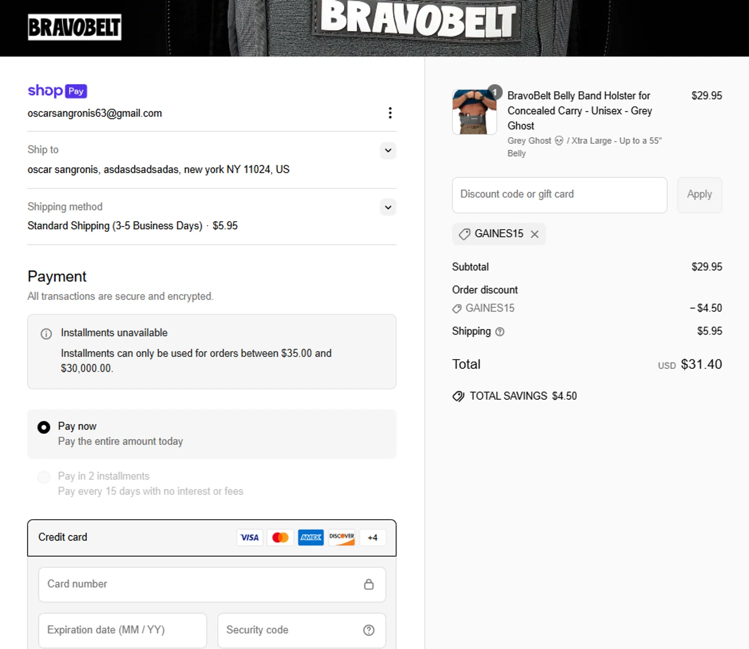 BravoBelt promo code screenshot showing code Gaines15 applied at BravoBelt checkout page. Uploaded by SimplyCodes community member Frionel_Pessi on Jun 21, 2025