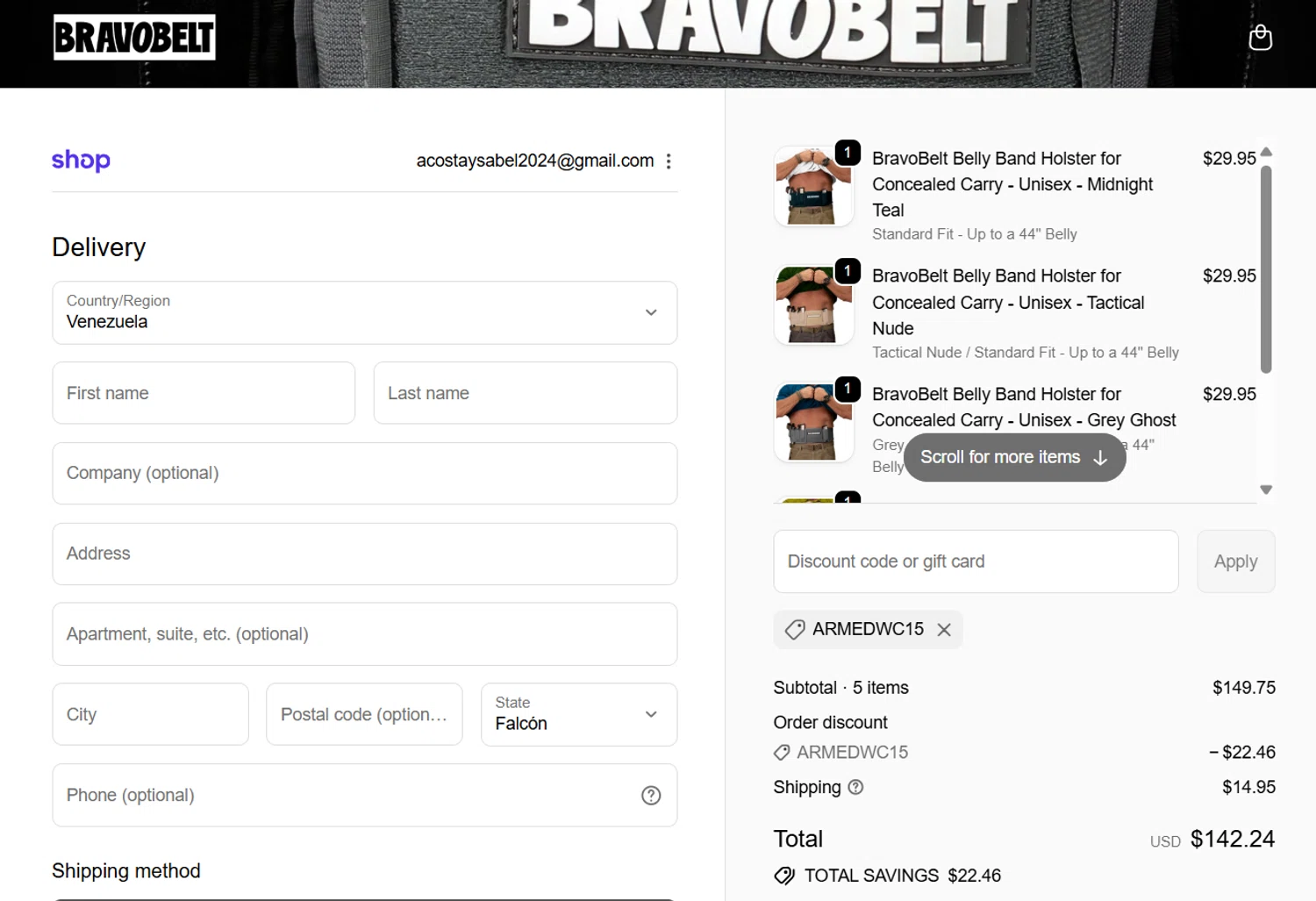 BravoBelt promo code screenshot showing code Armedwc15 applied at BravoBelt checkout page. Uploaded by SimplyCodes community member JasnibelEgu on Oct 14, 2025