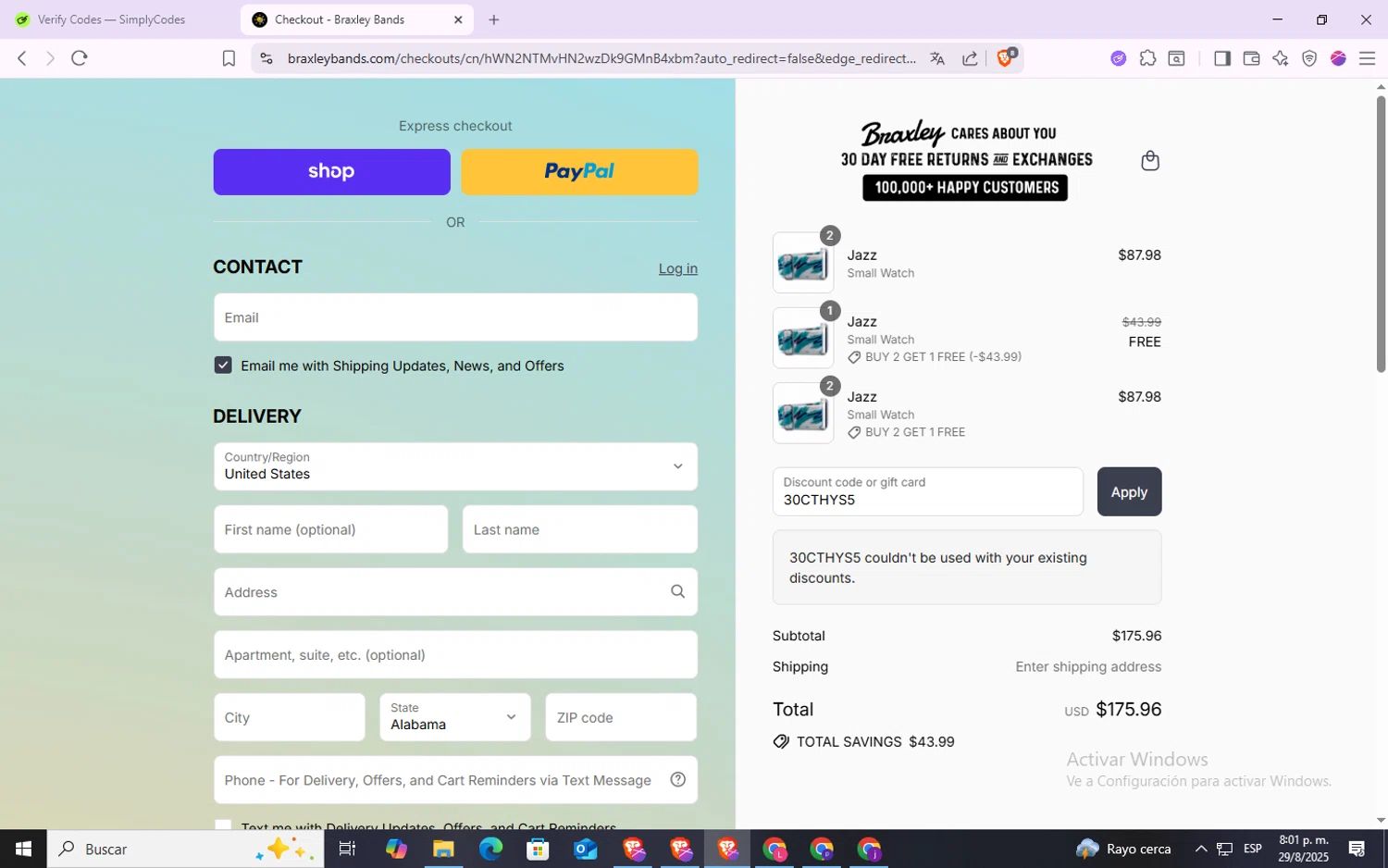 Braxley Bands coupon code screenshot showing code 30CTHYS5 applied at Braxley Bands checkout page. Uploaded by SimplyCodes community member VoucherSpotter6910 on Aug 30, 2025