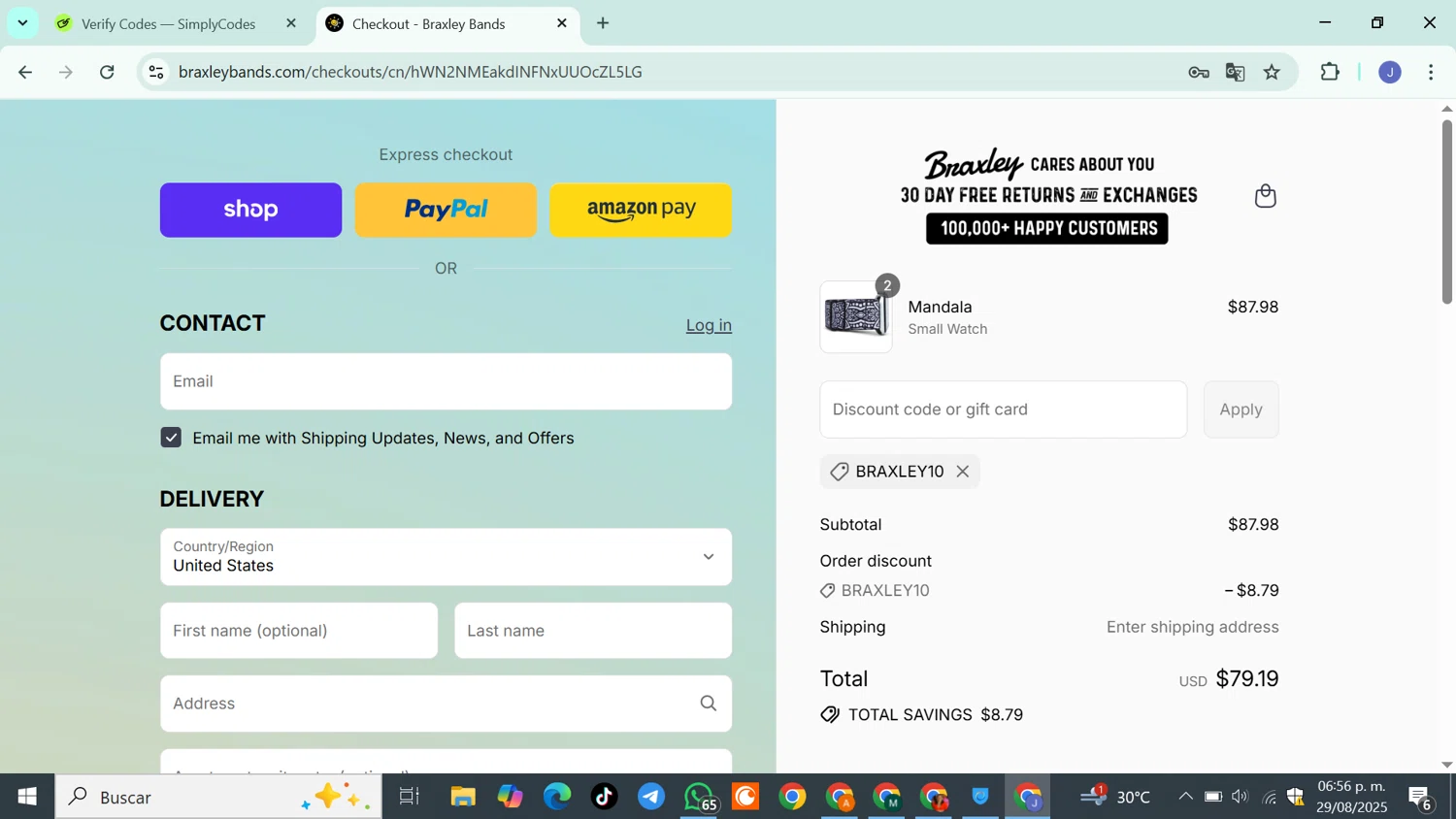 Braxley Bands coupon code screenshot showing code BRAXLEY10 applied at Braxley Bands checkout page. Uploaded by SimplyCodes community member DiscountSleuth6807 on Aug 29, 2025