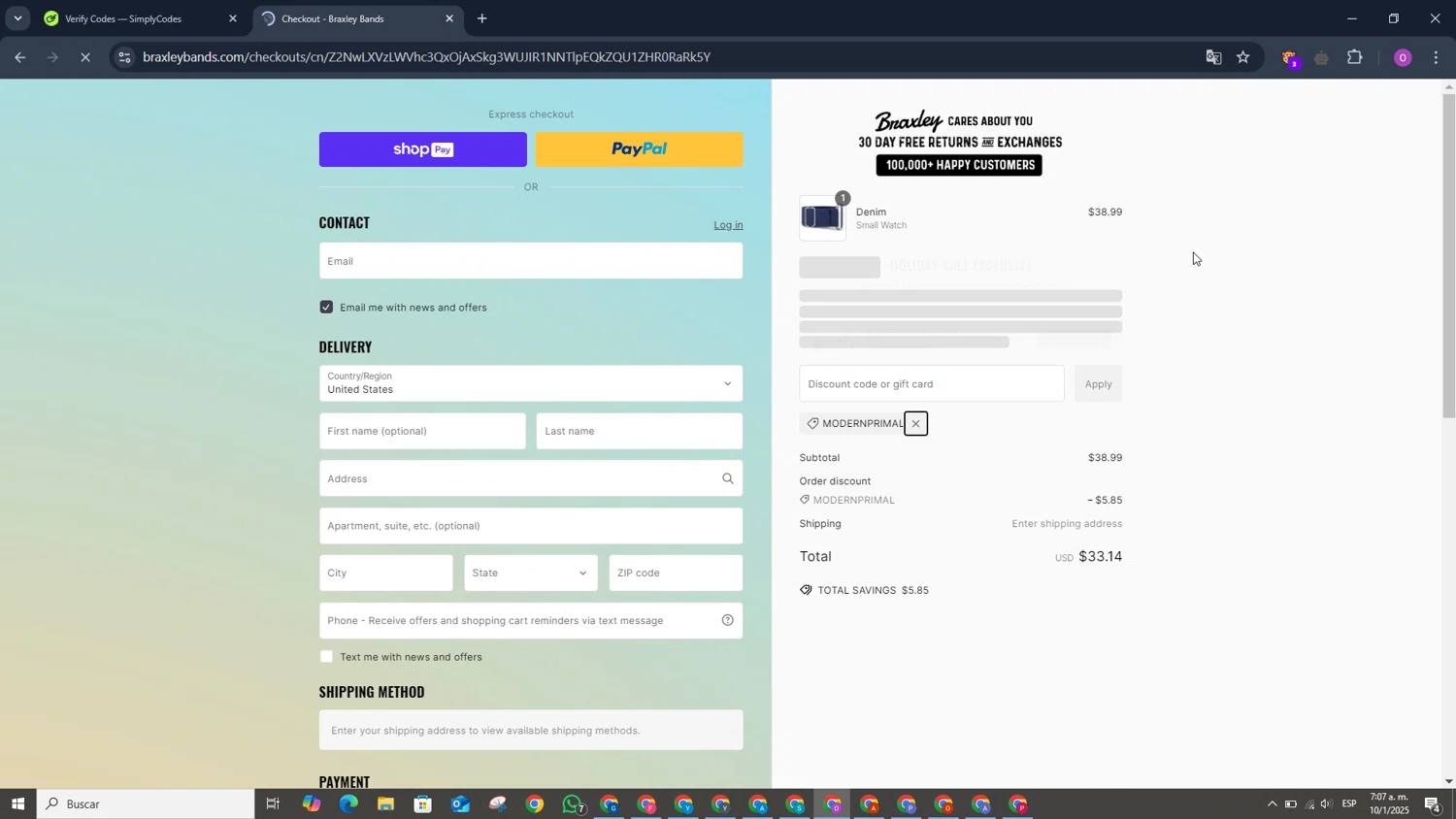 Braxley Bands coupon code screenshot showing code modernprimal applied at Braxley Bands checkout page. Uploaded by SimplyCodes community member FrugalFox6349 on Jan 10, 2025