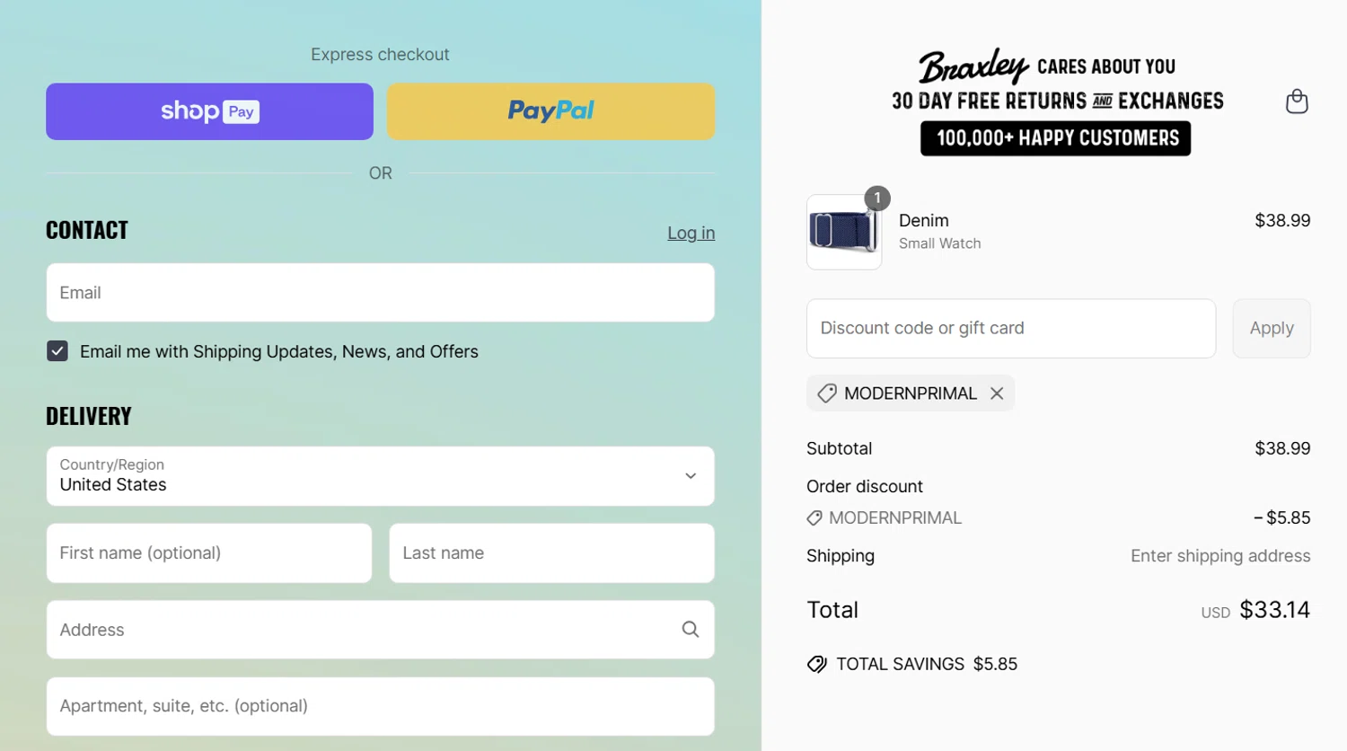 Braxley Bands coupon code screenshot showing code modernprimal applied at Braxley Bands checkout page. Uploaded by SimplyCodes community member perrasimplera on Jun 10, 2025