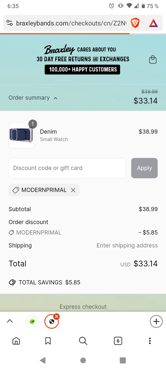 Braxley Bands coupon code screenshot showing code modernprimal applied at Braxley Bands checkout page. Uploaded by SimplyCodes community member victor on Jun 10, 2025