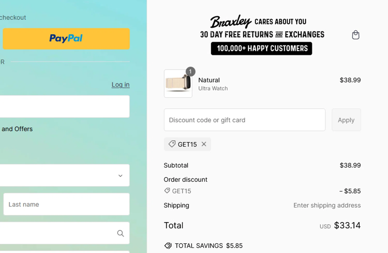 Braxley Bands coupon code screenshot showing code GET15 applied at Braxley Bands checkout page. Uploaded by SimplyCodes community member DRINKI on Mar 4, 2025