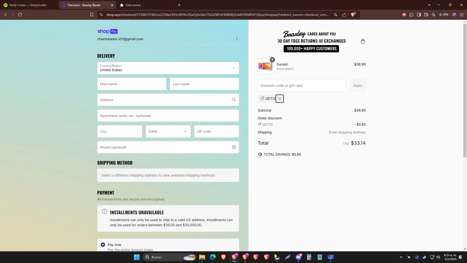 Braxley Bands coupon code screenshot showing code GET15 applied at Braxley Bands checkout page. Uploaded by SimplyCodes community member MoneyBoss6673 on Feb 3, 2025