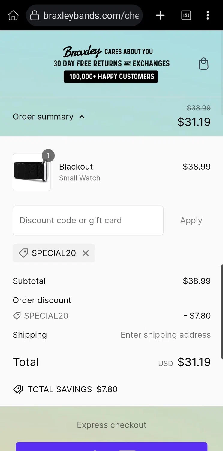 Braxley Bands coupon code screenshot showing code SPECIAL20 applied at Braxley Bands checkout page. Uploaded by SimplyCodes community member Carloslvz on Mar 3, 2025