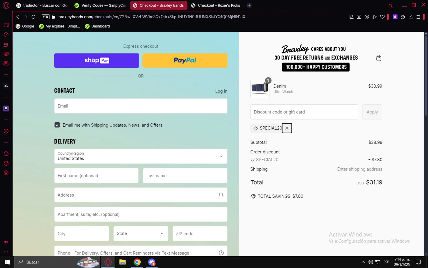 Braxley Bands coupon code screenshot showing code SPECIAL20 applied at Braxley Bands checkout page. Uploaded by SimplyCodes community member PrimeVirtuoso9679 on Jan 29, 2025
