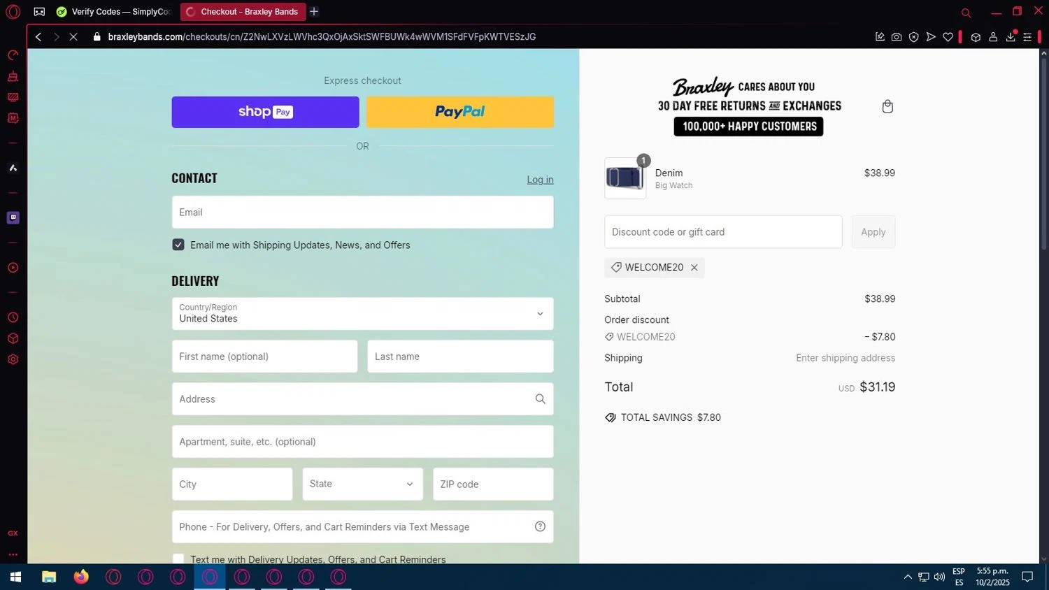 Braxley Bands coupon code screenshot showing code WELCOME20 applied at Braxley Bands checkout page. Uploaded by SimplyCodes community member Jose__Salazar on Feb 10, 2025
