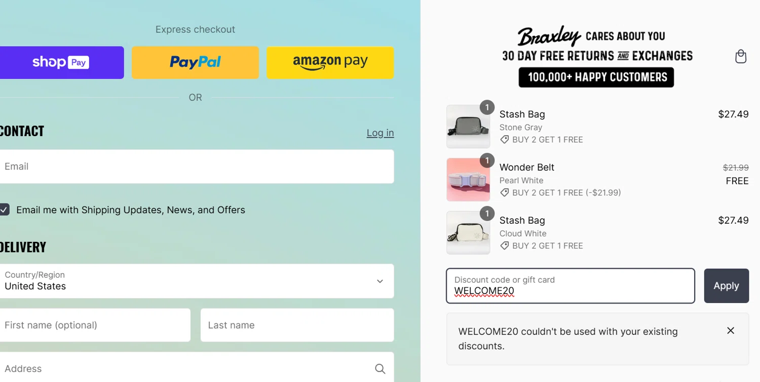 Braxley Bands coupon code screenshot showing code WELCOME20 applied at Braxley Bands checkout page. Uploaded by SimplyCodes community member Gaby04 on Jan 26, 2025