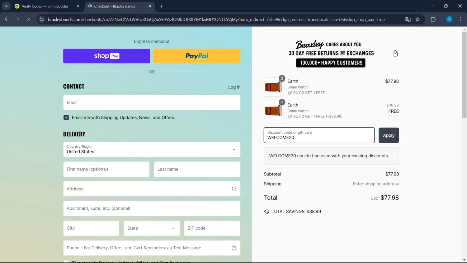 Braxley Bands coupon code screenshot showing code WELCOME20 applied at Braxley Bands checkout page. Uploaded by SimplyCodes community member WiseHawk9255 on Feb 17, 2025