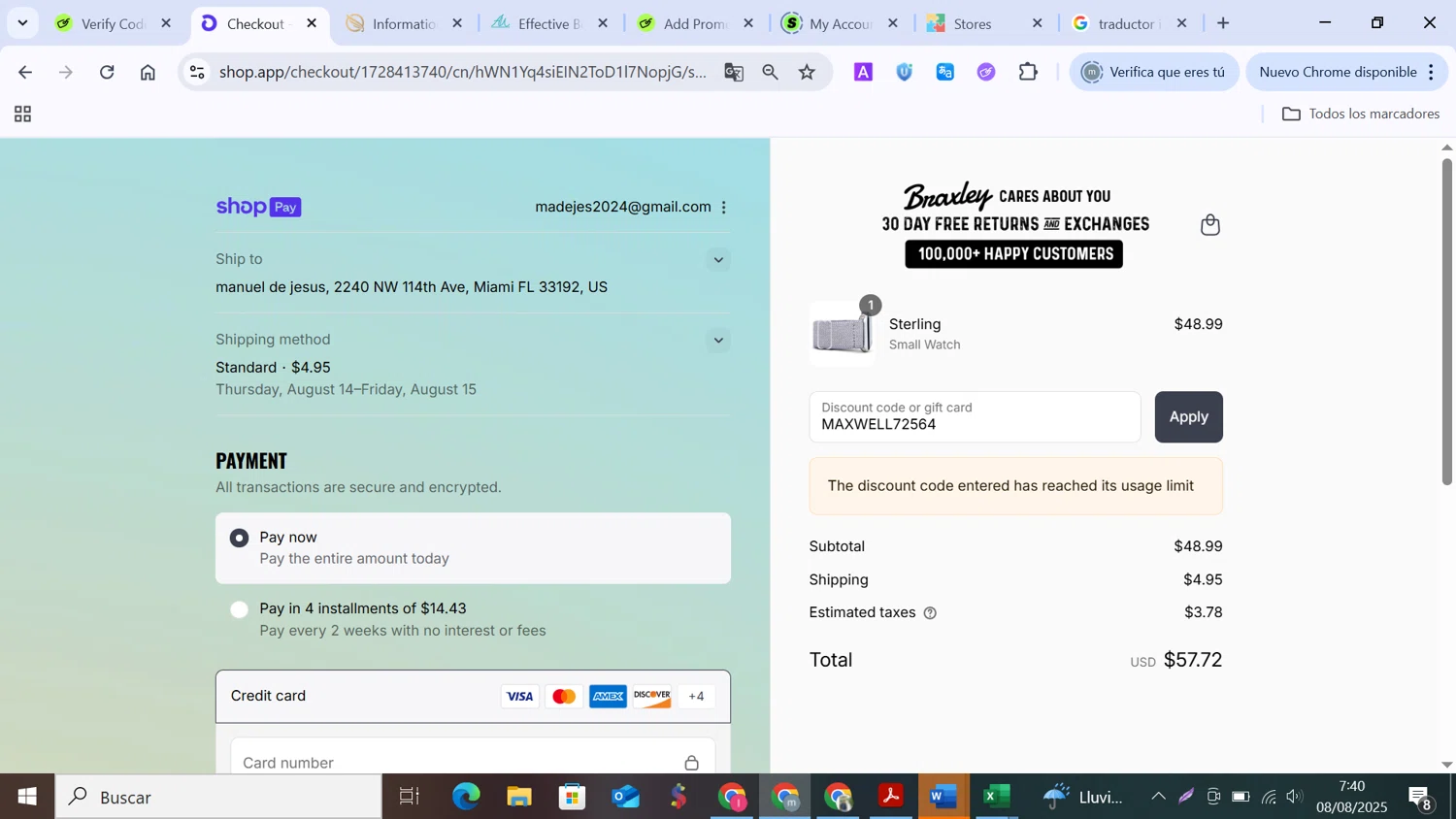 Braxley Bands coupon code screenshot showing code MAXWELL72564 applied at Braxley Bands checkout page. Uploaded by SimplyCodes community member MANUELURBINA on Aug 8, 2025