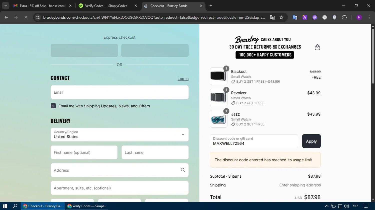 Braxley Bands coupon code screenshot showing code MAXWELL72564 applied at Braxley Bands checkout page. Uploaded by SimplyCodes community member tumiedo on Aug 8, 2025