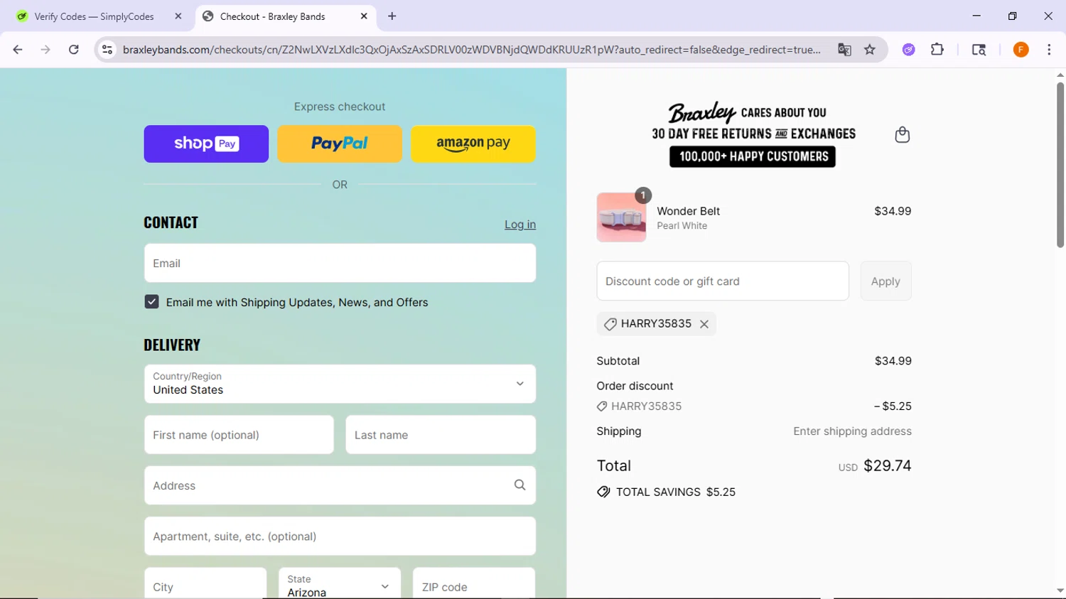 Braxley Bands coupon code screenshot showing code HARRY35835 applied at Braxley Bands checkout page. Uploaded by SimplyCodes community member TreasureSleuth5198 on Jul 13, 2025