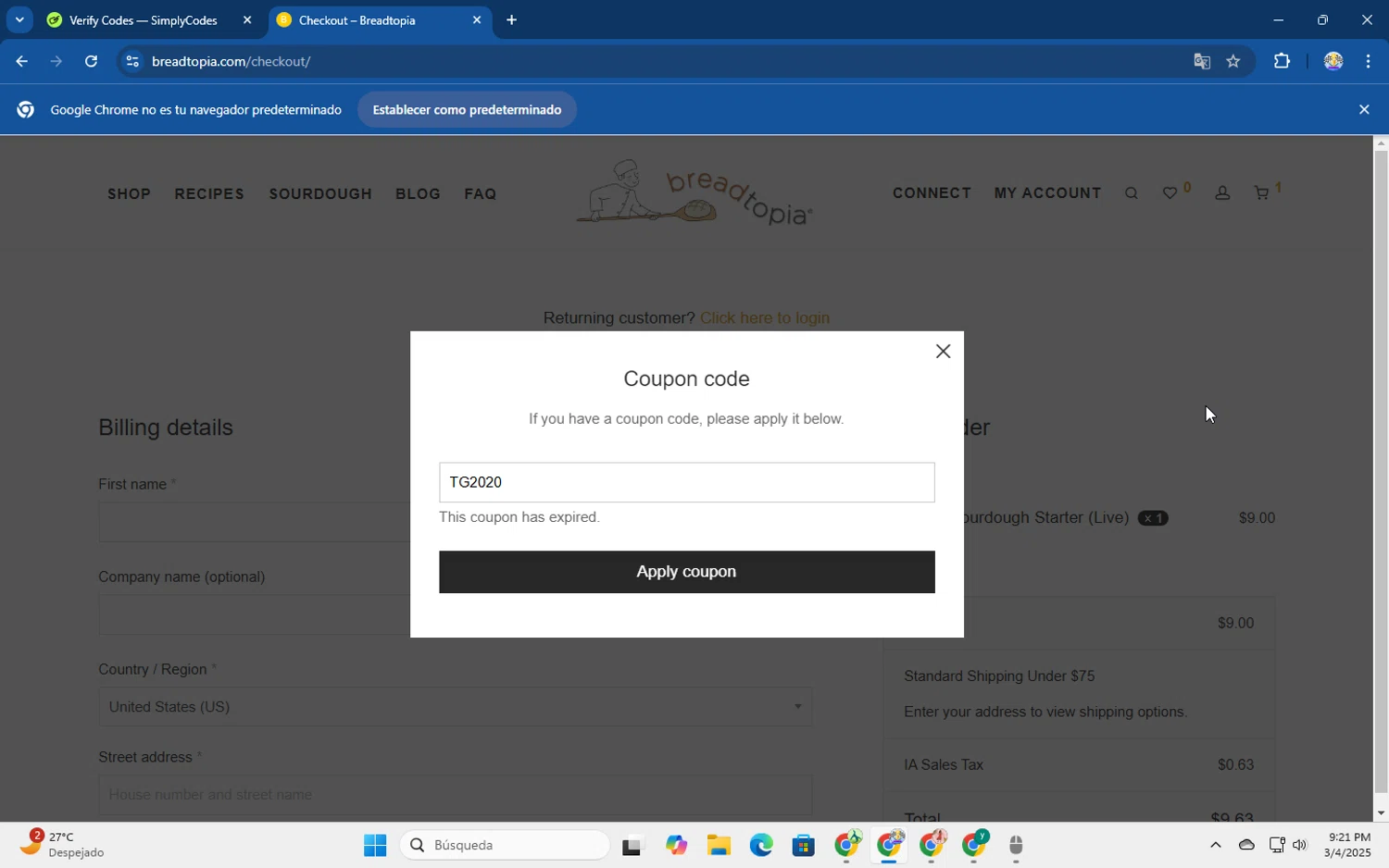 Breadtopia checkout page showing Breadtopia coupon code box | Screenshot taken by SimplyCodes community member on Mar 5, 2025