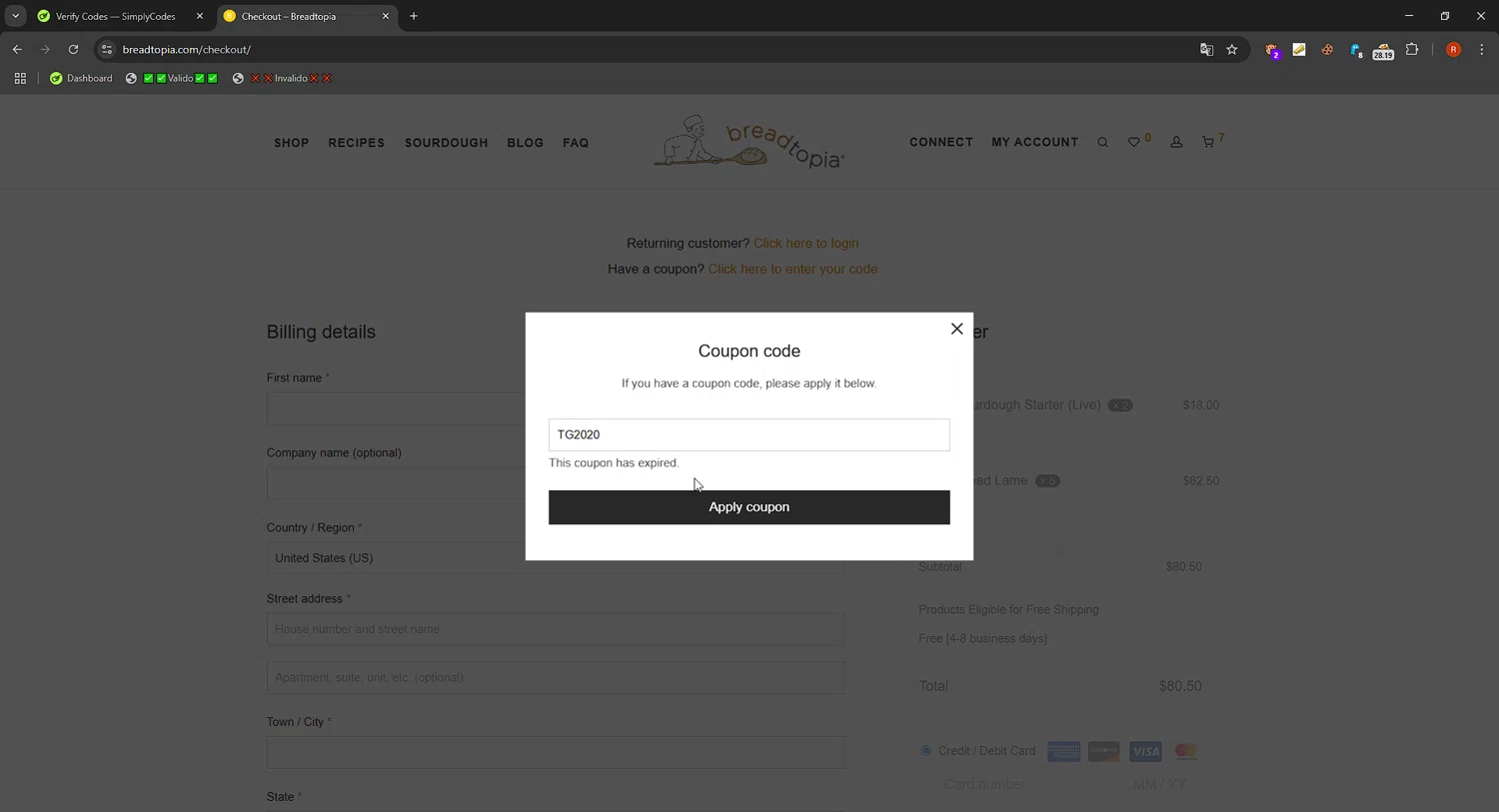 Breadtopia coupon code screenshot showing code TG2020 applied at Breadtopia checkout page. Uploaded by SimplyCodes community member RebateCaptain6918 on Mar 5, 2025
