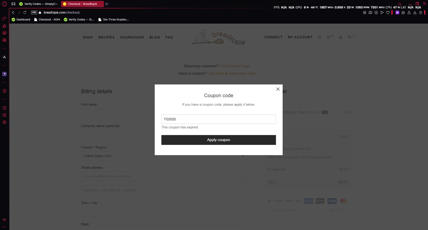 Breadtopia coupon code screenshot showing code TG2020 applied at Breadtopia checkout page. Uploaded by SimplyCodes community member LuckyAce8014 on Mar 5, 2025