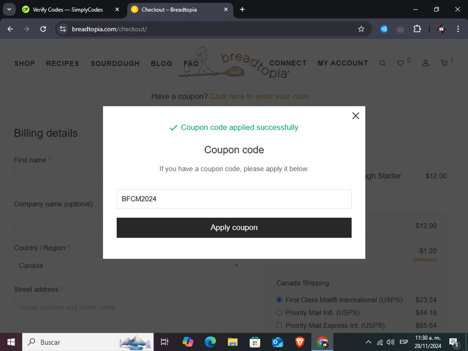 Breadtopia checkout page showing Breadtopia coupon code box | Screenshot taken by SimplyCodes community member on Nov 28, 2024