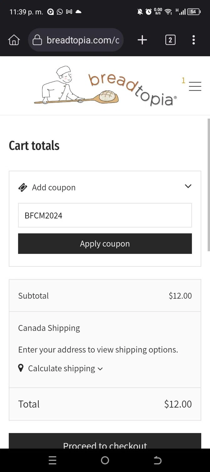 Breadtopia checkout page showing Breadtopia coupon code box | Screenshot taken by SimplyCodes community member on Dec 11, 2024