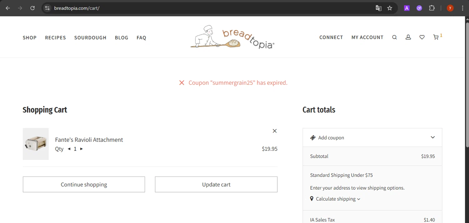 Breadtopia coupon code screenshot showing code SUMMERGRAIN25 applied at Breadtopia checkout page. Uploaded by SimplyCodes community member CrownTiger7501 on Oct 4, 2025