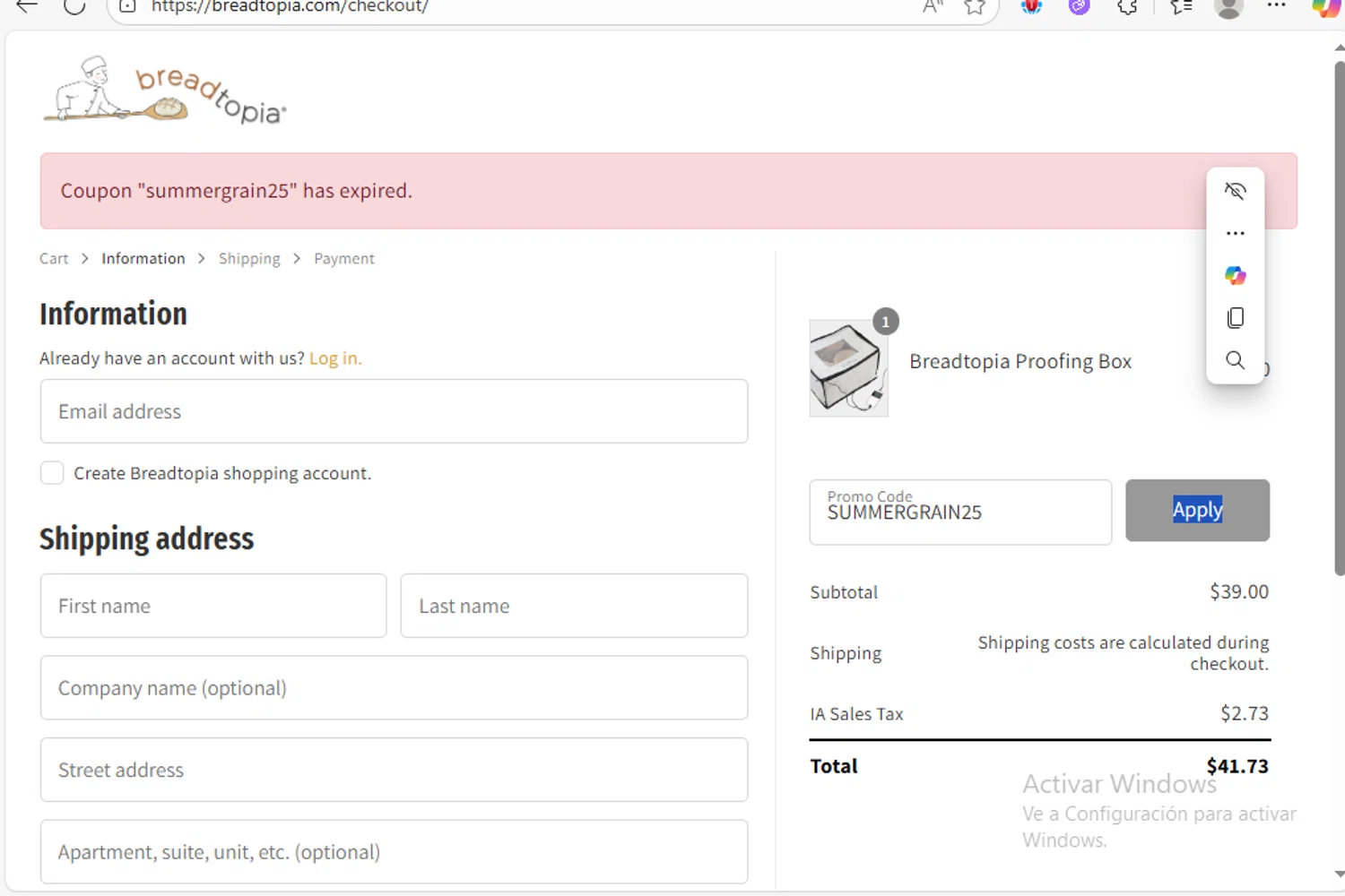 Breadtopia coupon code screenshot showing code SUMMERGRAIN25 applied at Breadtopia checkout page. Uploaded by SimplyCodes community member Franco20 on Oct 4, 2025