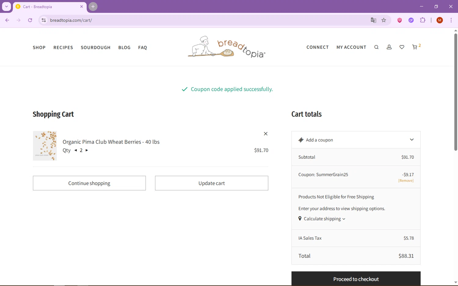 Breadtopia checkout page showing Breadtopia coupon code box | Screenshot taken by SimplyCodes community member on Jul 5, 2025