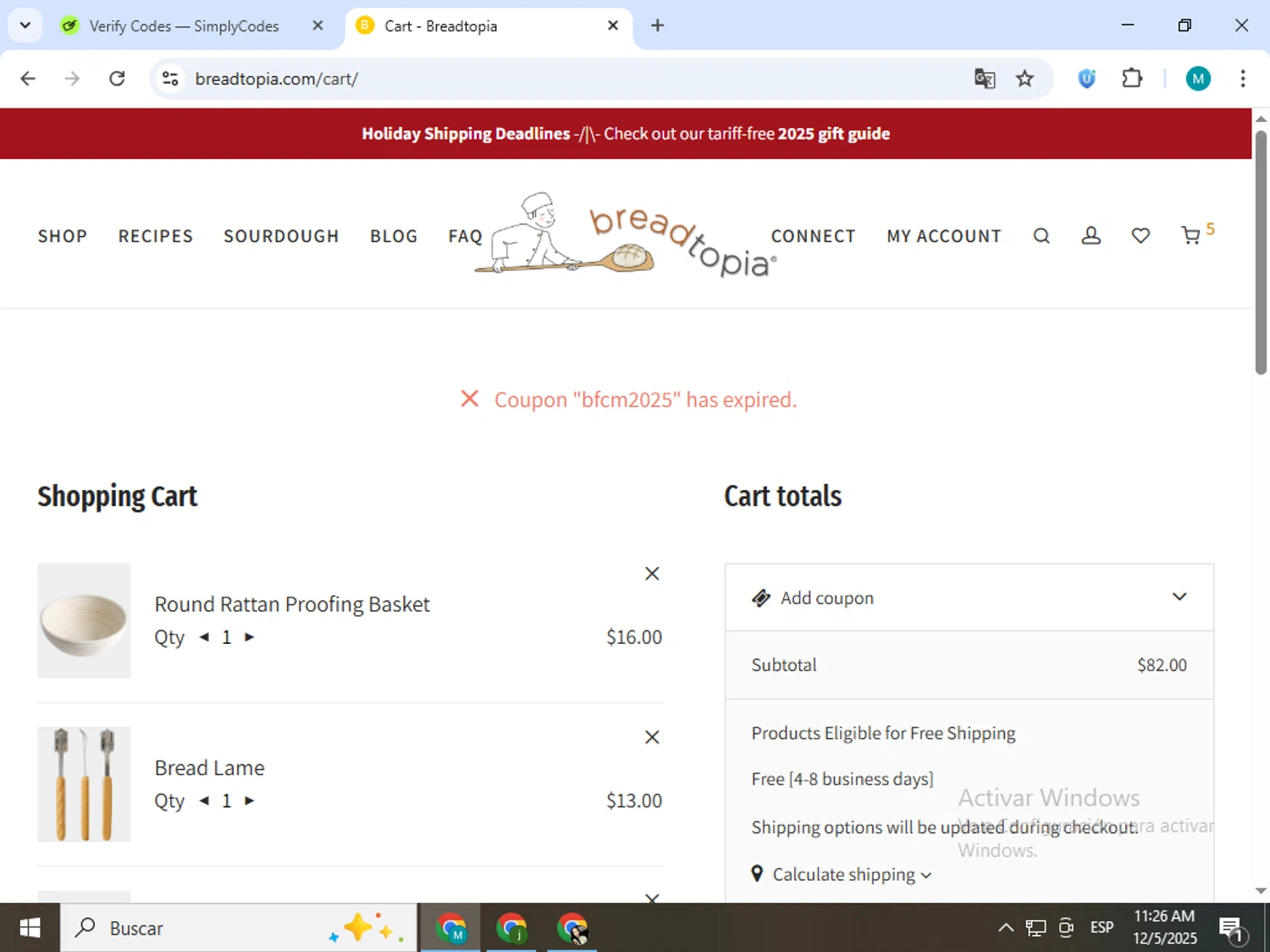 Breadtopia coupon code screenshot showing code BFCM2025 applied at Breadtopia checkout page. Uploaded by SimplyCodes community member estrellaveloz on Dec 5, 2025