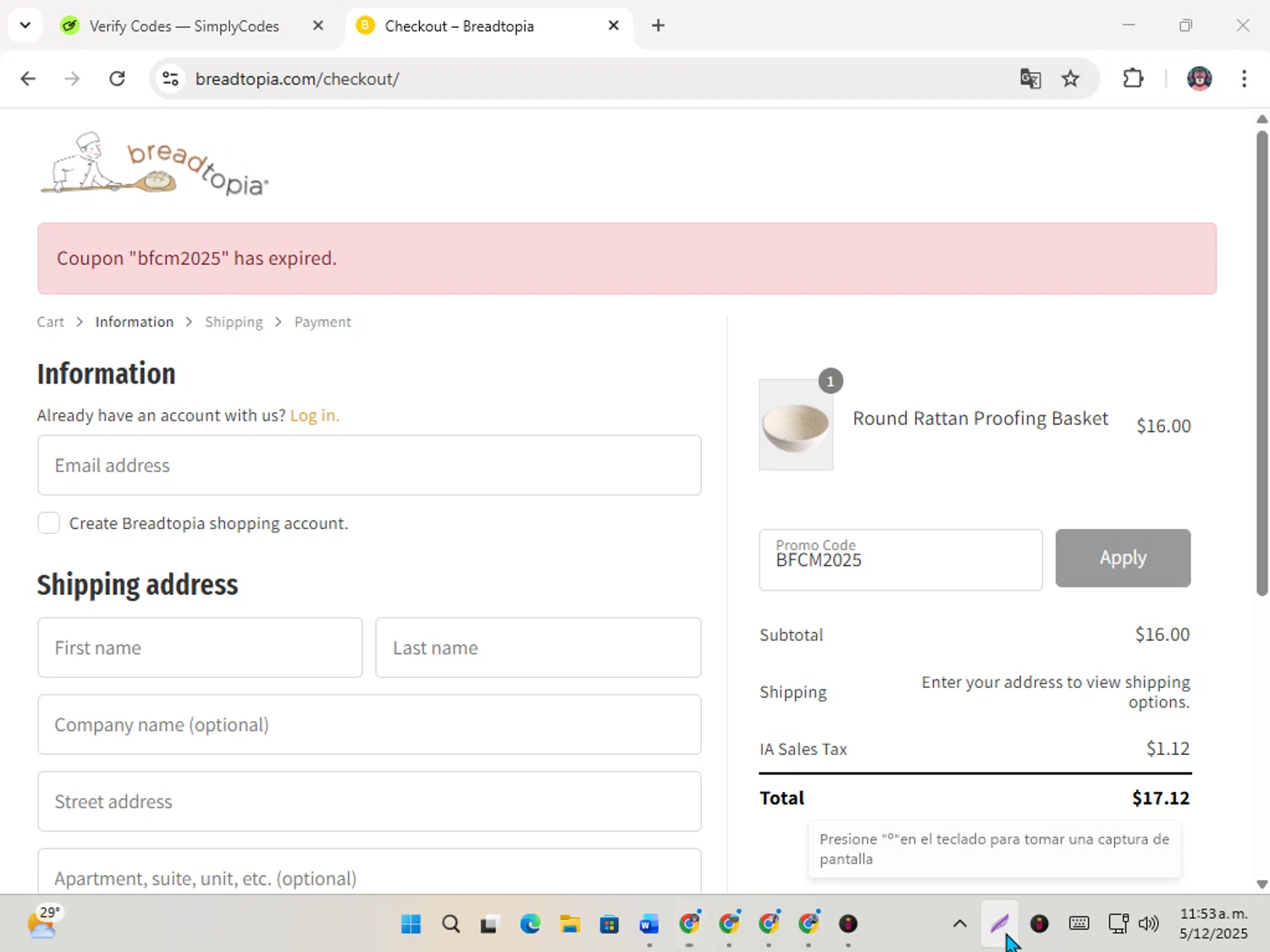 Breadtopia coupon code screenshot showing code BFCM2025 applied at Breadtopia checkout page. Uploaded by SimplyCodes community member karoline on Dec 5, 2025