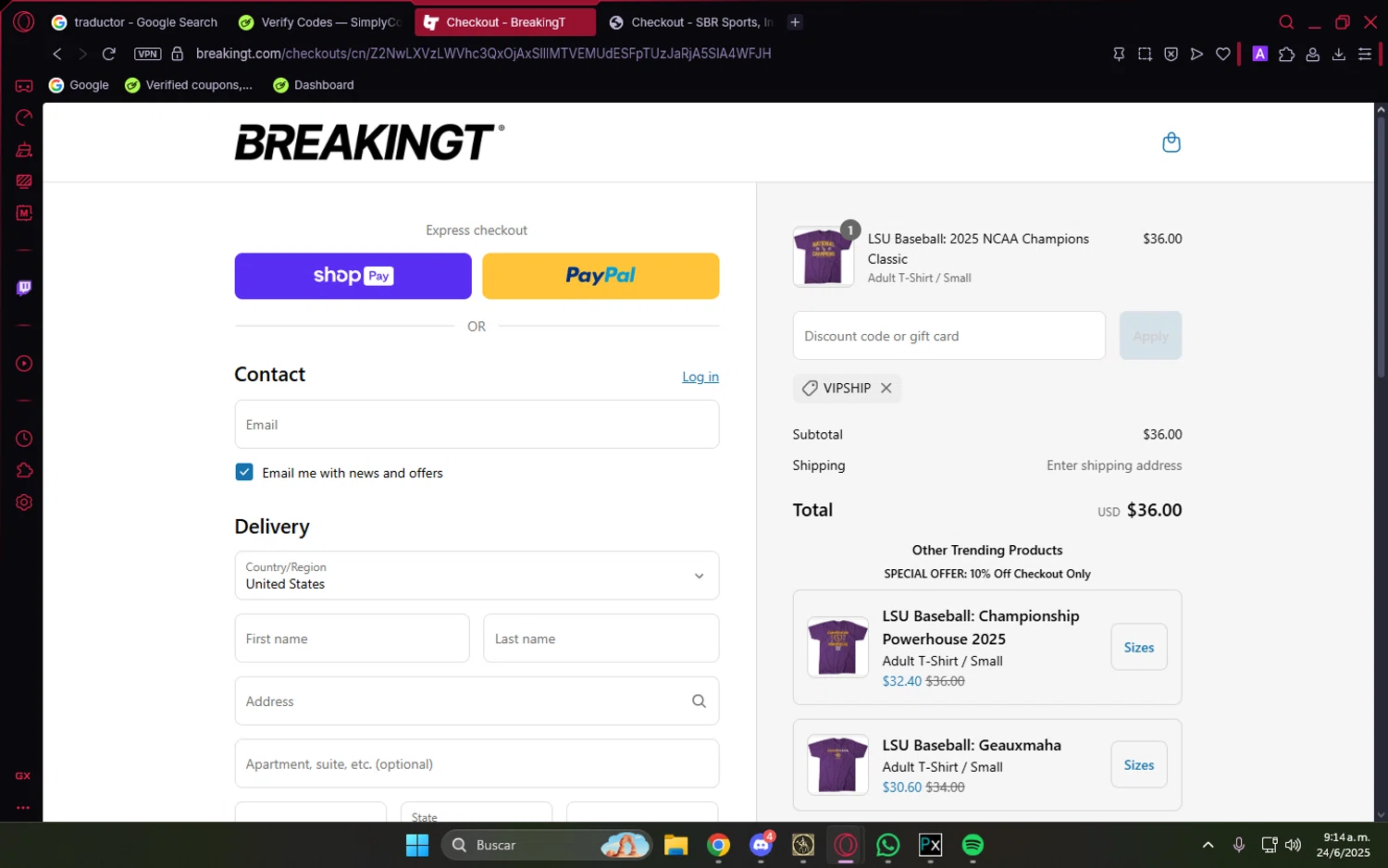 BreakingT discount code screenshot showing code VIPSHIP applied at BreakingT checkout page. Uploaded by SimplyCodes community member PrimeVirtuoso9679 on Jun 24, 2025