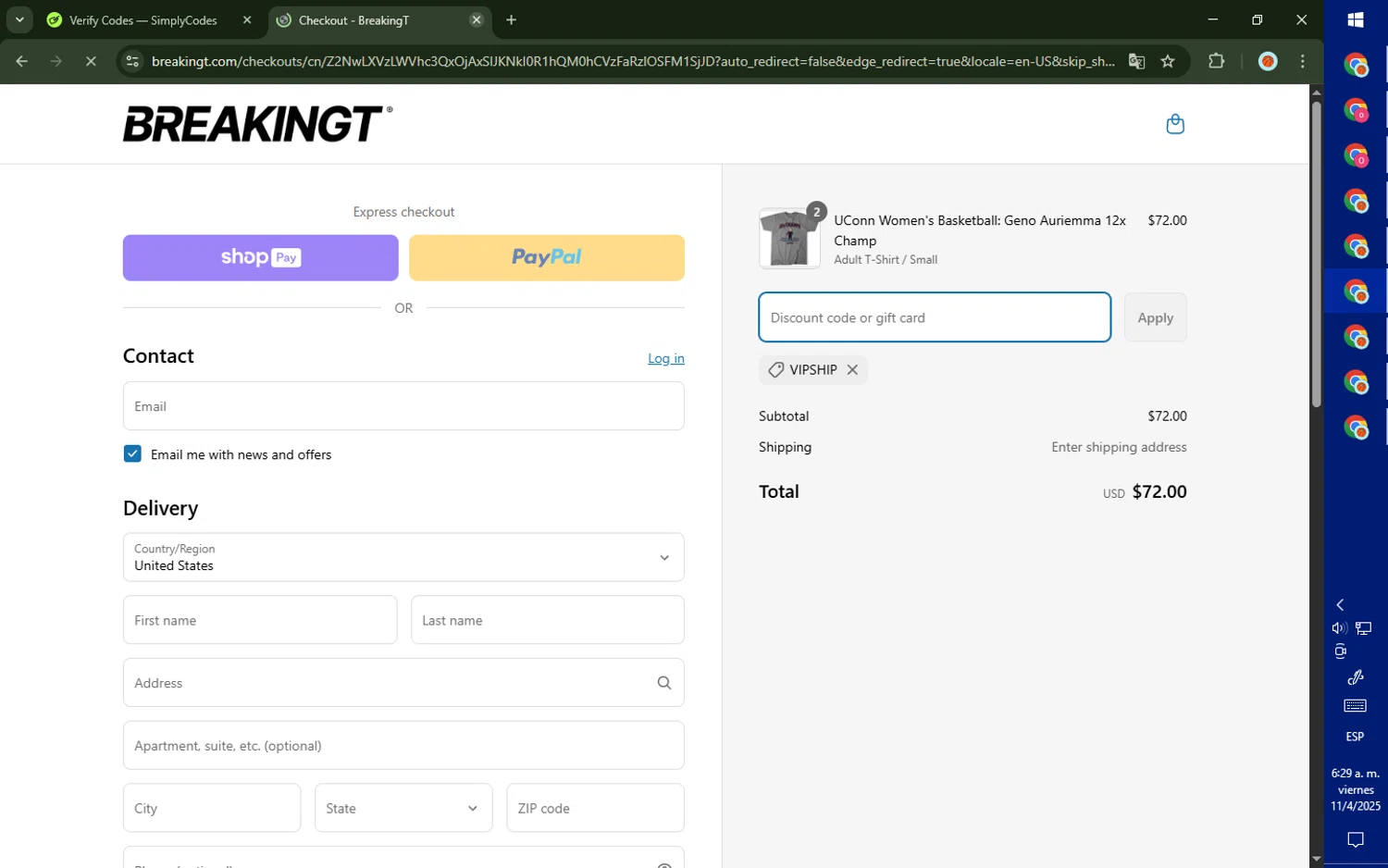 BreakingT discount code screenshot showing code VIPSHIP applied at BreakingT checkout page. Uploaded by SimplyCodes community member CashMaverick8128 on Apr 11, 2025