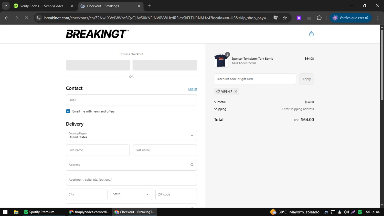 BreakingT discount code screenshot showing code VIPSHIP applied at BreakingT checkout page. Uploaded by SimplyCodes community member jesusguqnipatwo on Apr 11, 2025