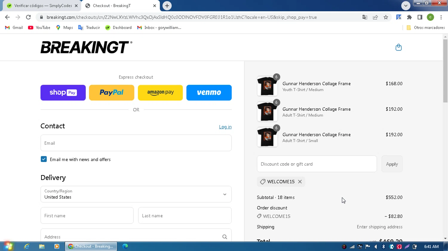 BreakingT discount code screenshot showing code welcome15 applied at BreakingT checkout page. Uploaded by SimplyCodes community member MagnificentPilot8371 on May 30, 2025