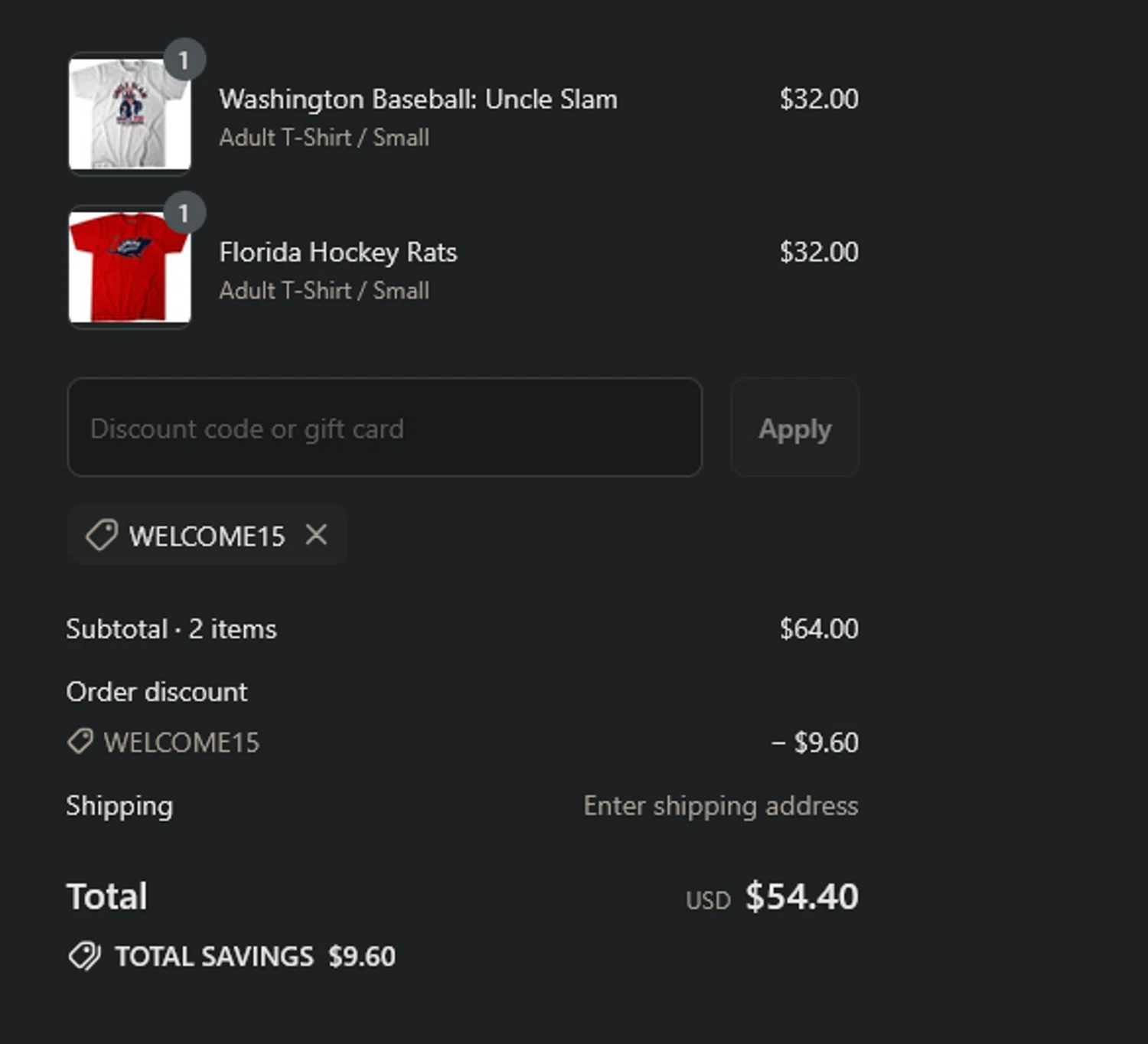 BreakingT discount code screenshot showing code welcome15 applied at BreakingT checkout page. Uploaded by SimplyCodes community member xocelot44x on Jul 6, 2025
