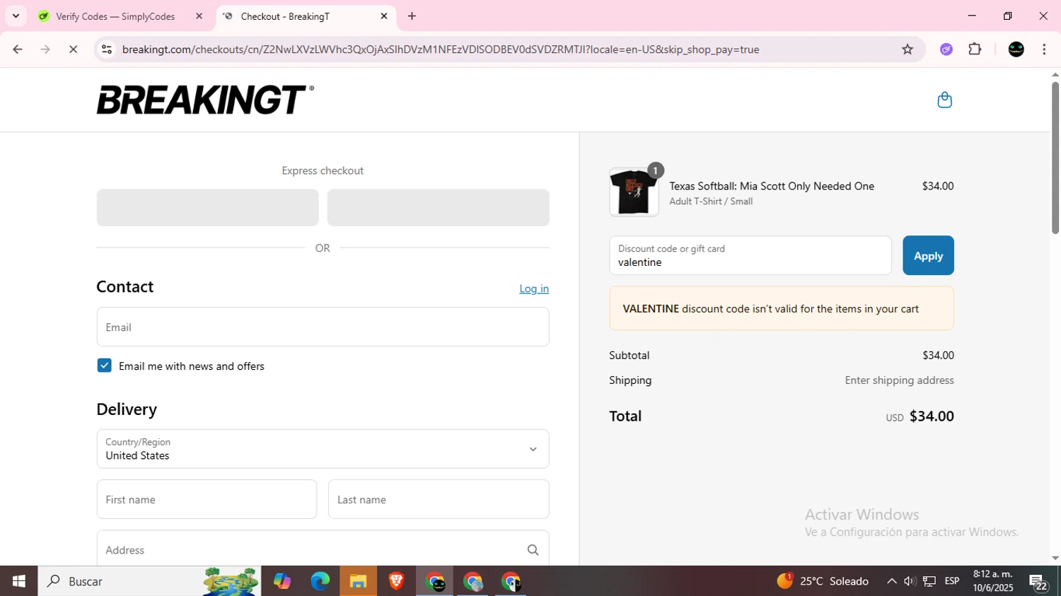 BreakingT discount code screenshot showing code valentine applied at BreakingT checkout page. Uploaded by SimplyCodes community member BargainWizard5755 on Jun 10, 2025