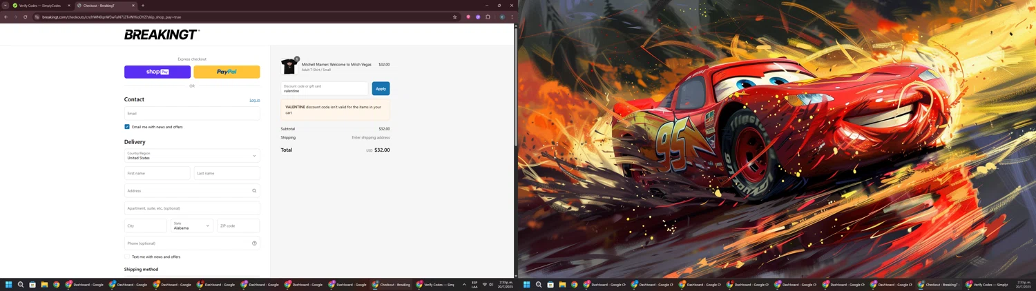 BreakingT discount code screenshot showing code valentine applied at BreakingT checkout page. Uploaded by SimplyCodes community member GloriousPioneer2942 on Jul 20, 2025