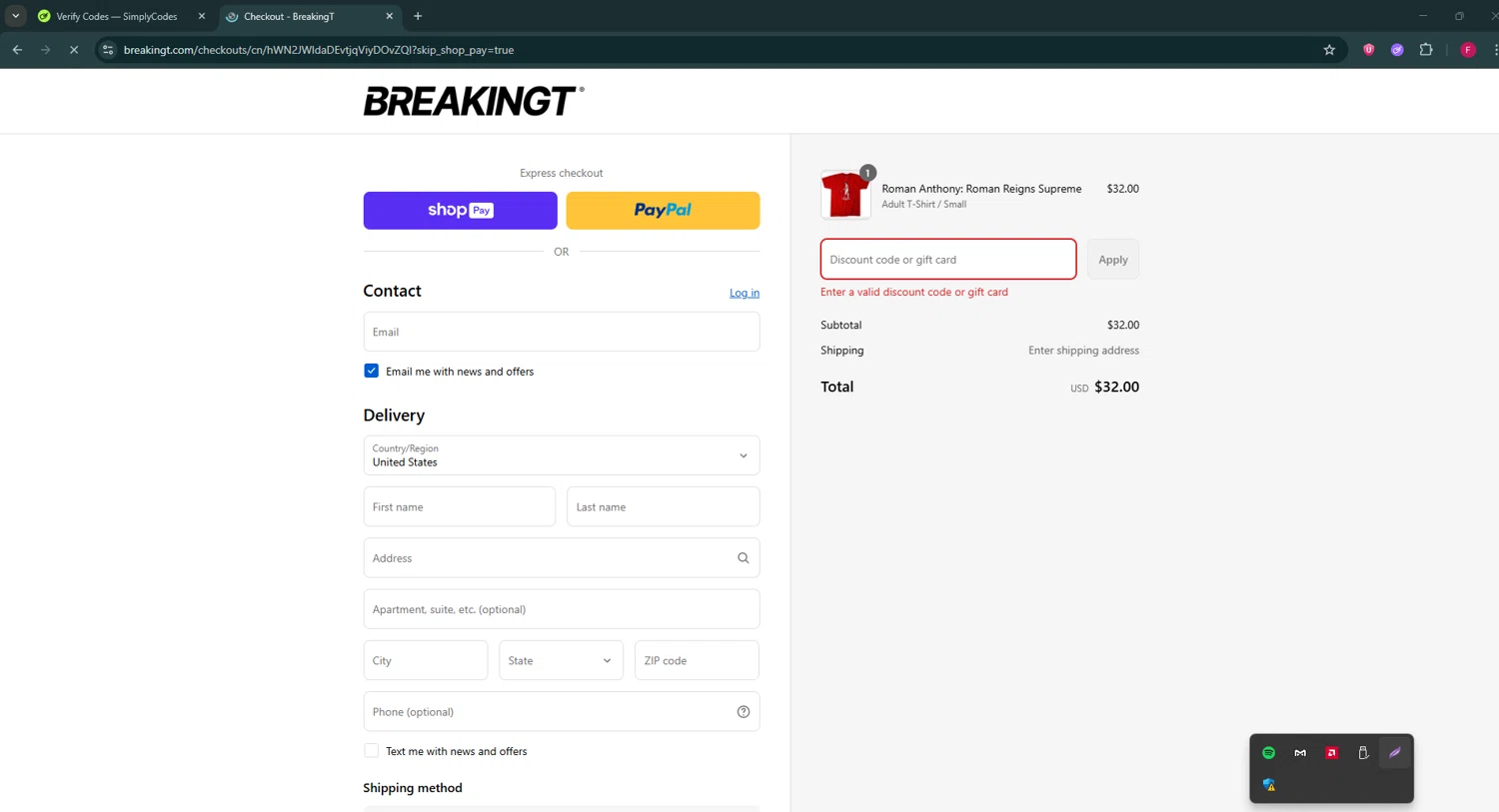 BreakingT discount code screenshot showing code COLLEGE applied at BreakingT checkout page. Uploaded by SimplyCodes community member ExtraordinaryVirtuoso281 on Aug 28, 2025